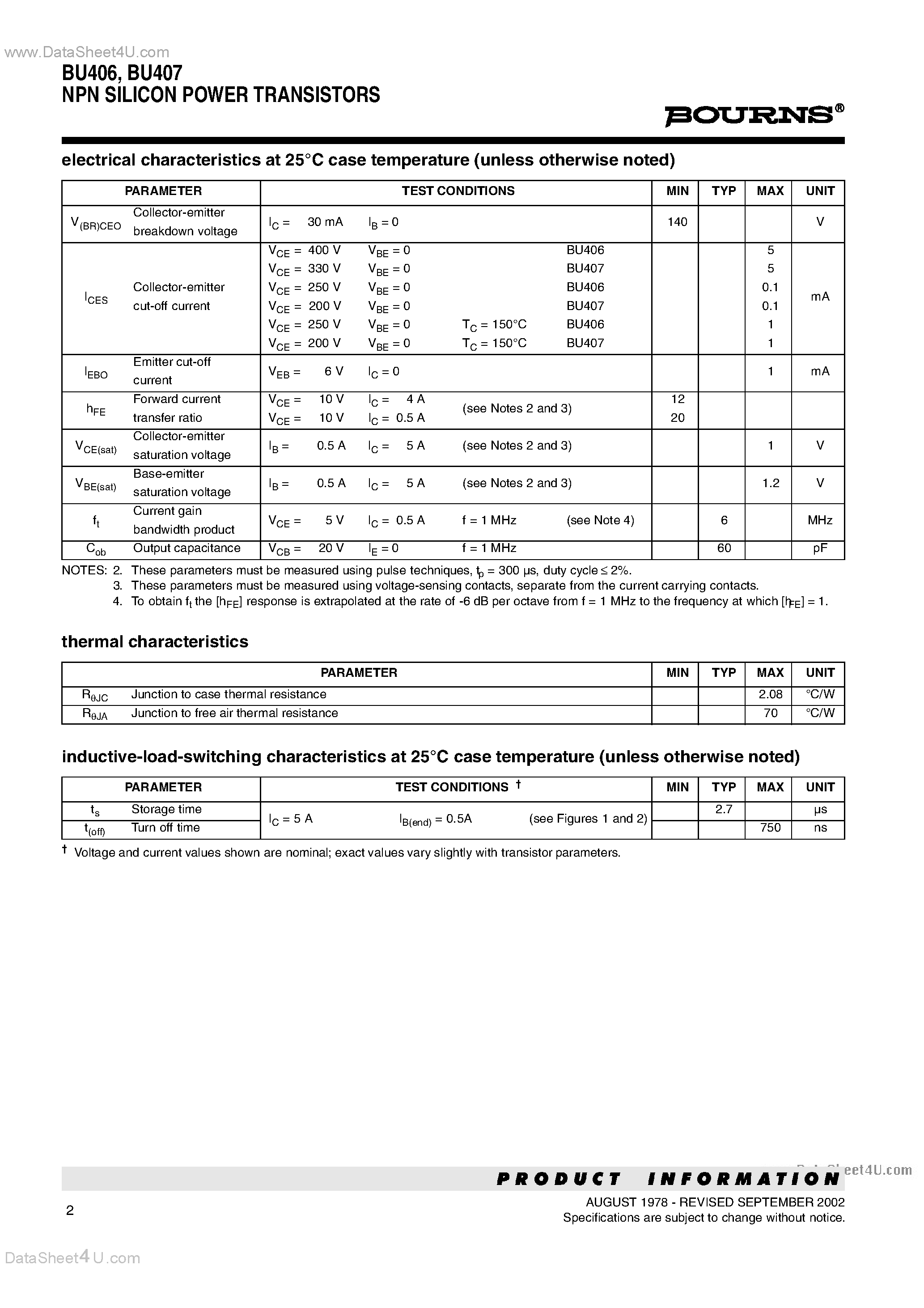 Даташит BU406 - (BU406 / BU407) NPN SILICON POWER TRANSISTORS страница 2