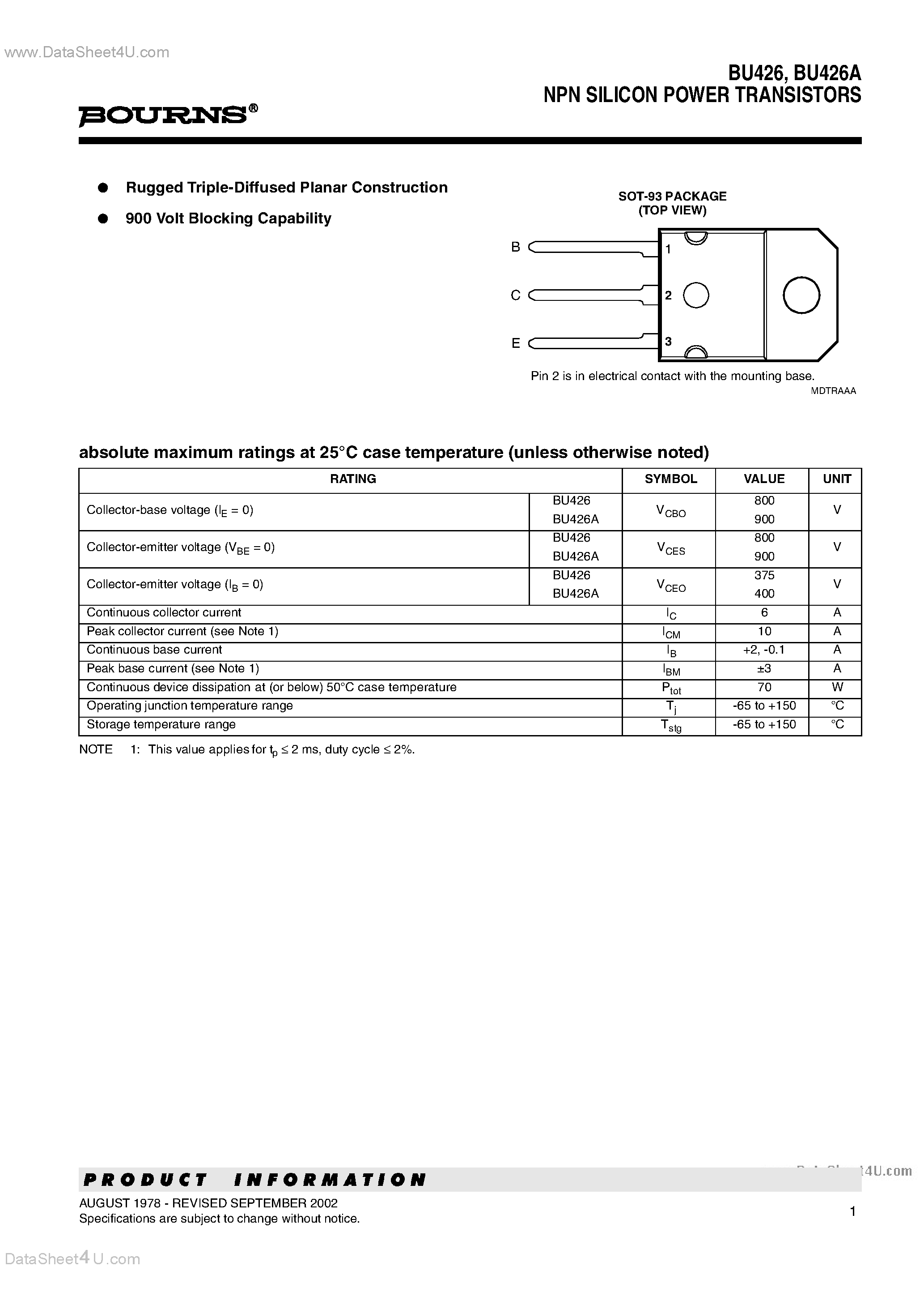 Даташит BU426 - NPN SILICON POWER TRANSISTORS страница 1