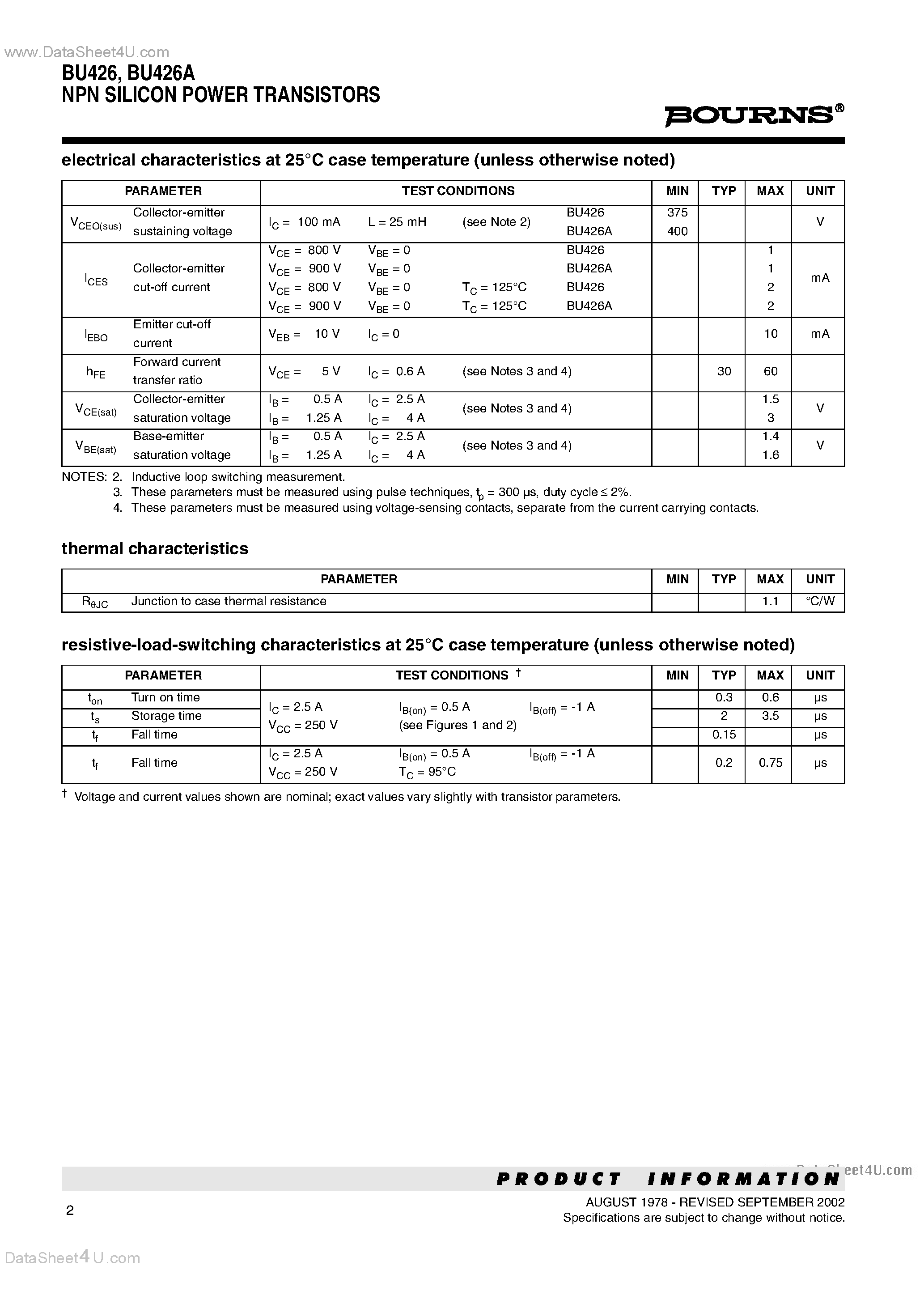 Даташит BU426 - NPN SILICON POWER TRANSISTORS страница 2