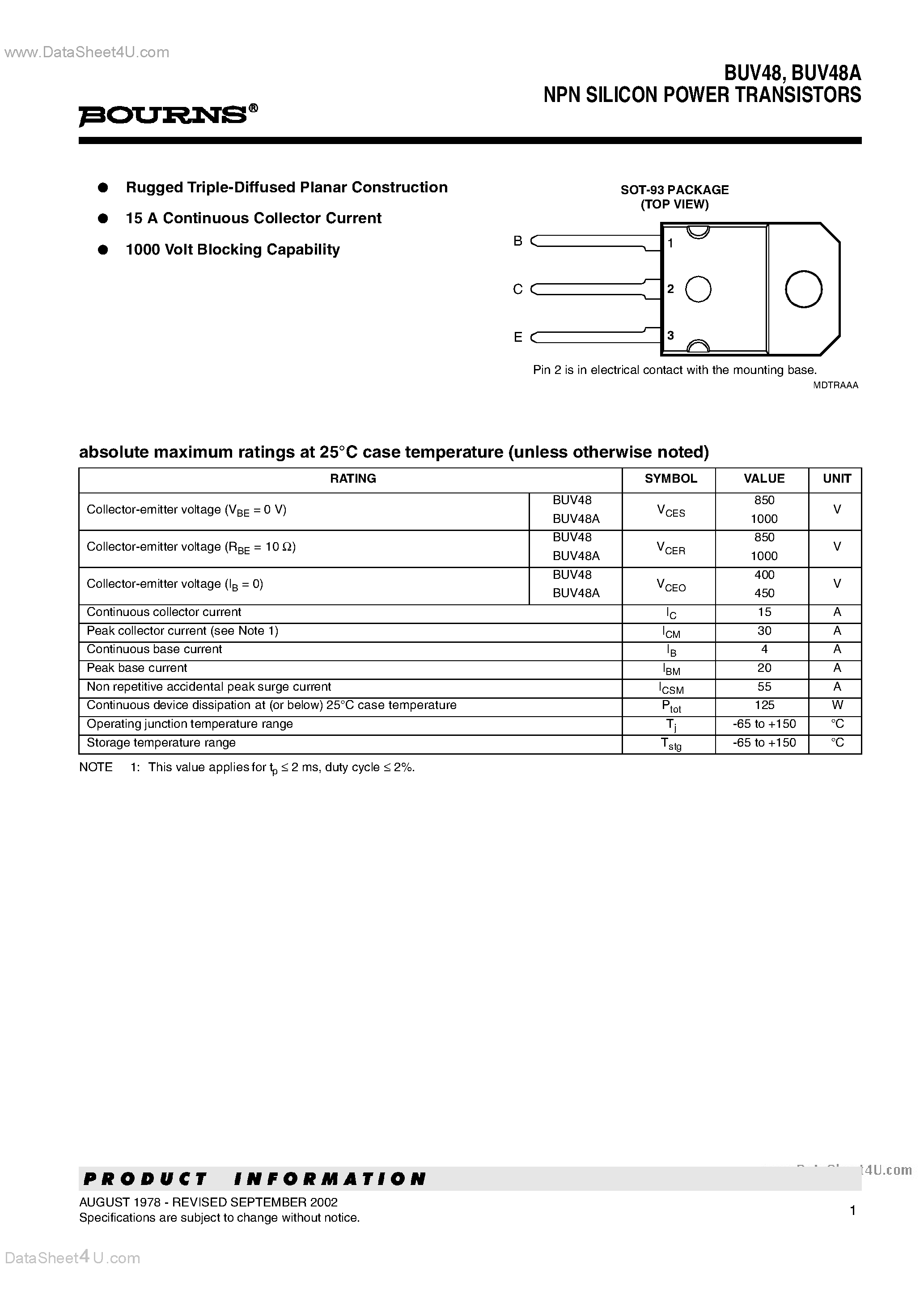 Даташит BU48 - NPN SILICON POWER TRANSISTORS страница 1