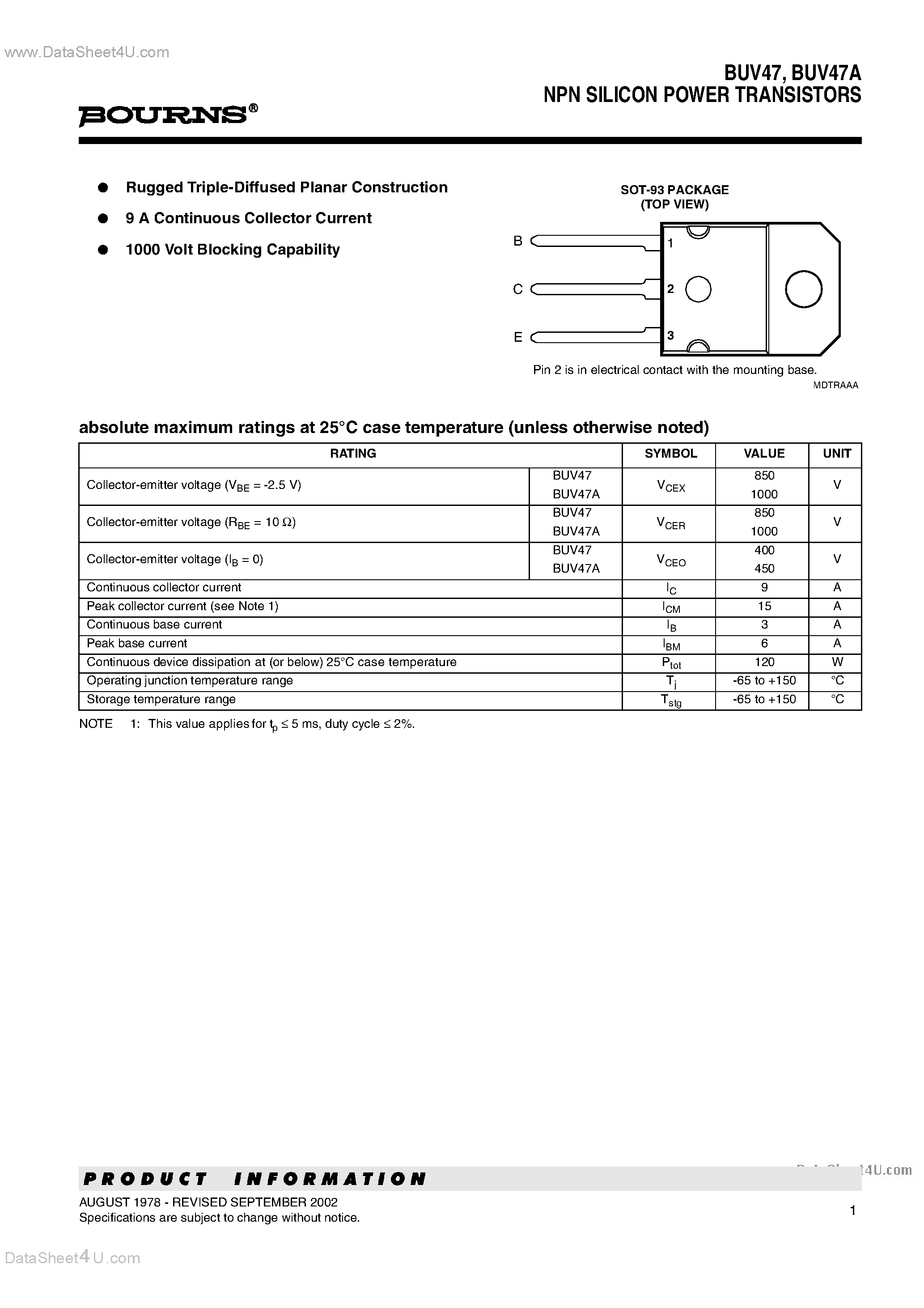 Даташит BUV47 - NPN SILICON POWER TRANSISTORS страница 1