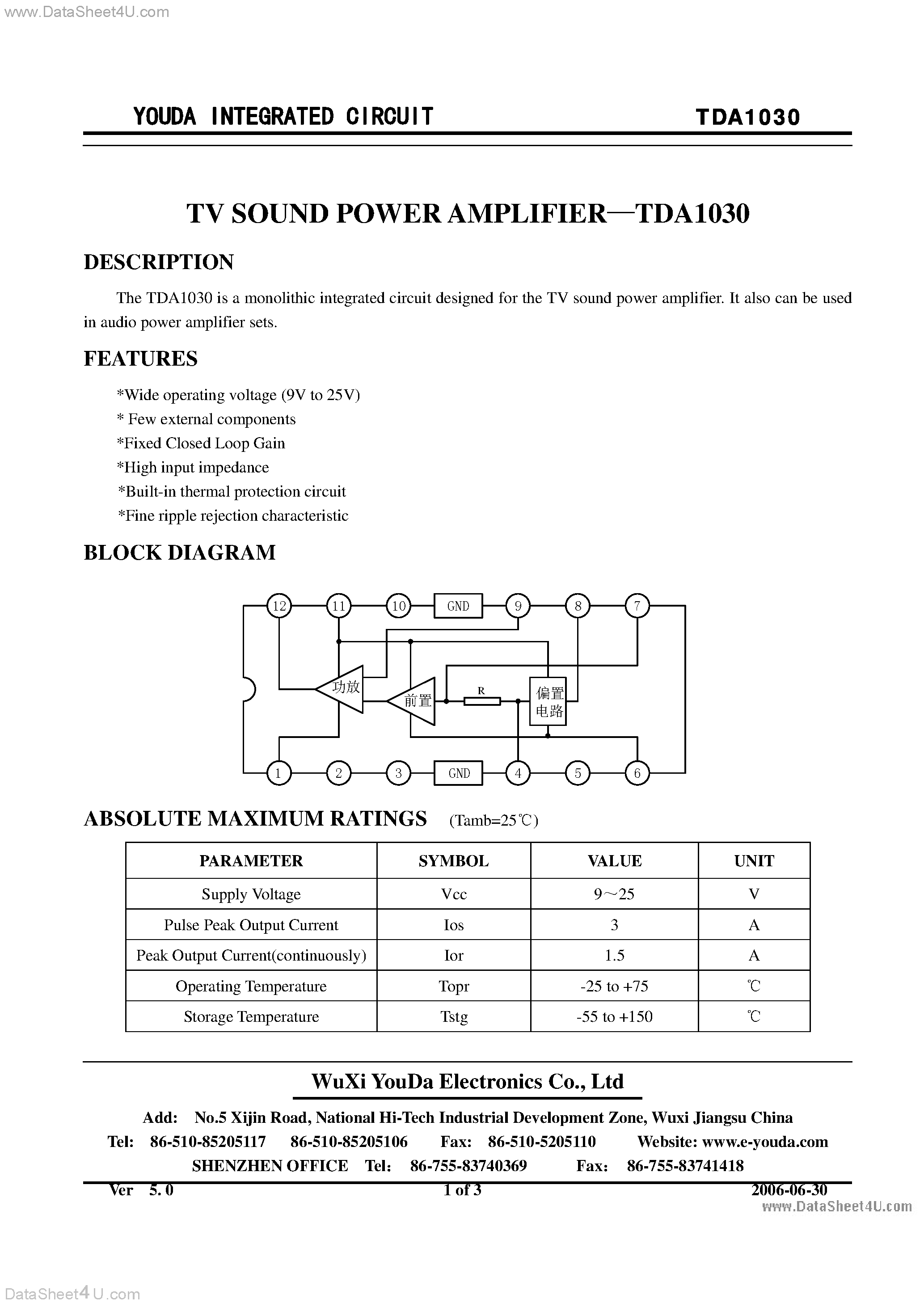 Datasheet TDA1030 page 1 Datasheet TDA1030 - TV SOUND POWER AMPLIFIER page 1