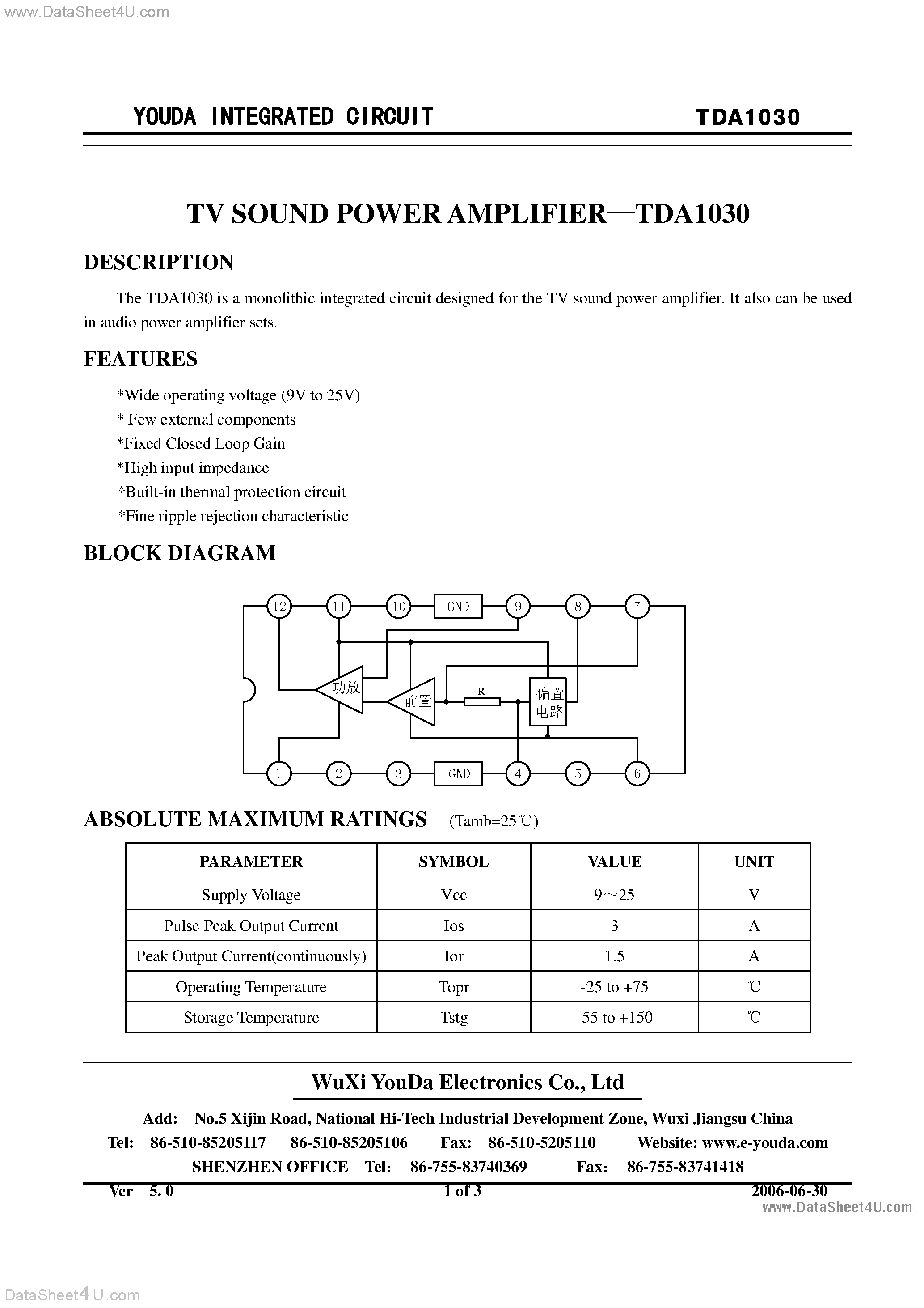 Datasheet TDA1030 - TV SOUND POWER AMPLIFIER page 1