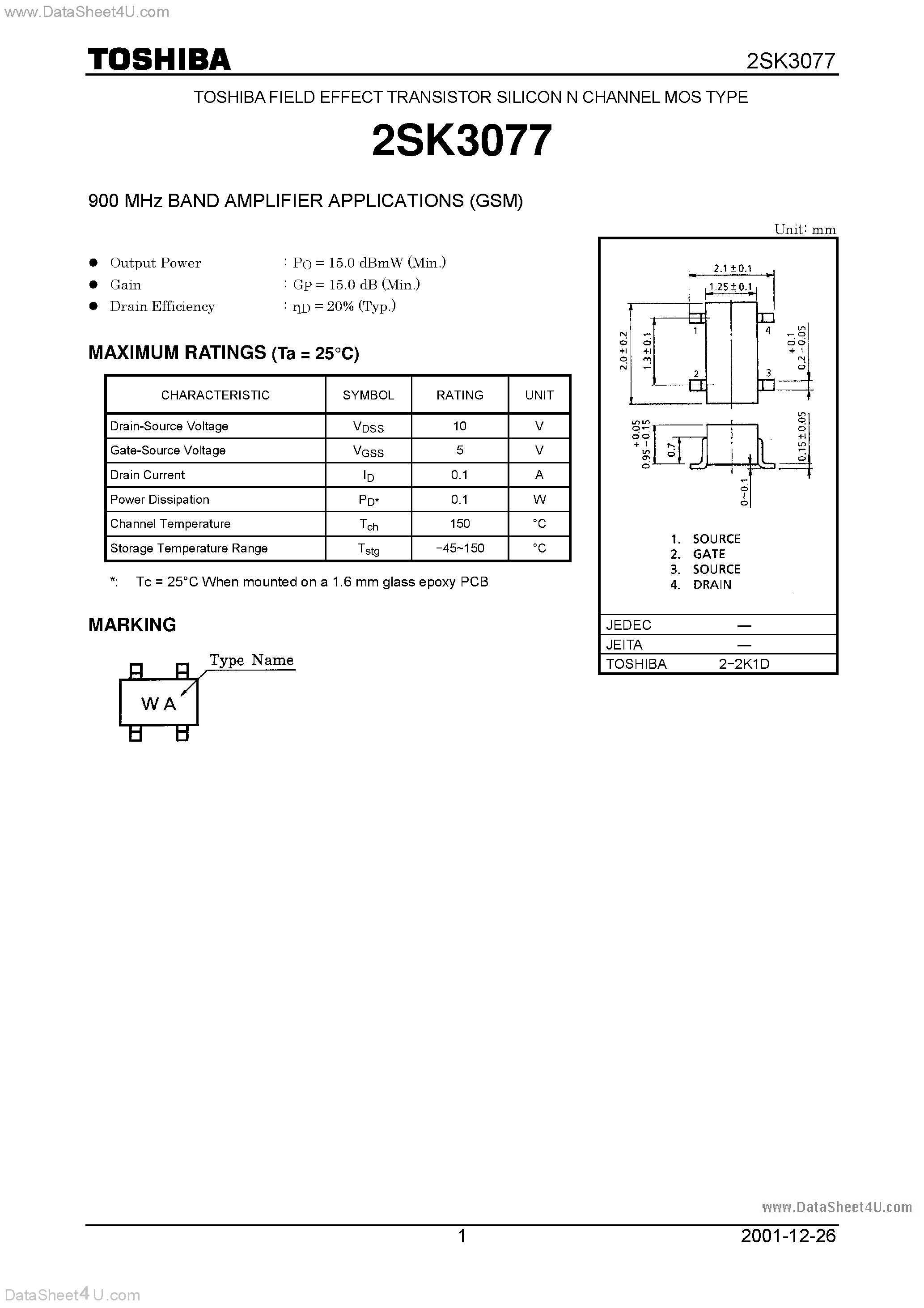 Даташит 2SK3077 - 900 MHz BAND AMPLIFIER APPLICATIONS страница 1