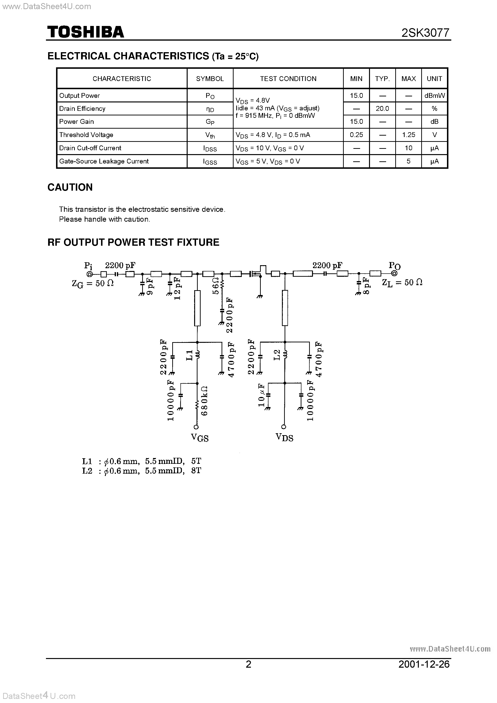 Даташит 2SK3077 - 900 MHz BAND AMPLIFIER APPLICATIONS страница 2