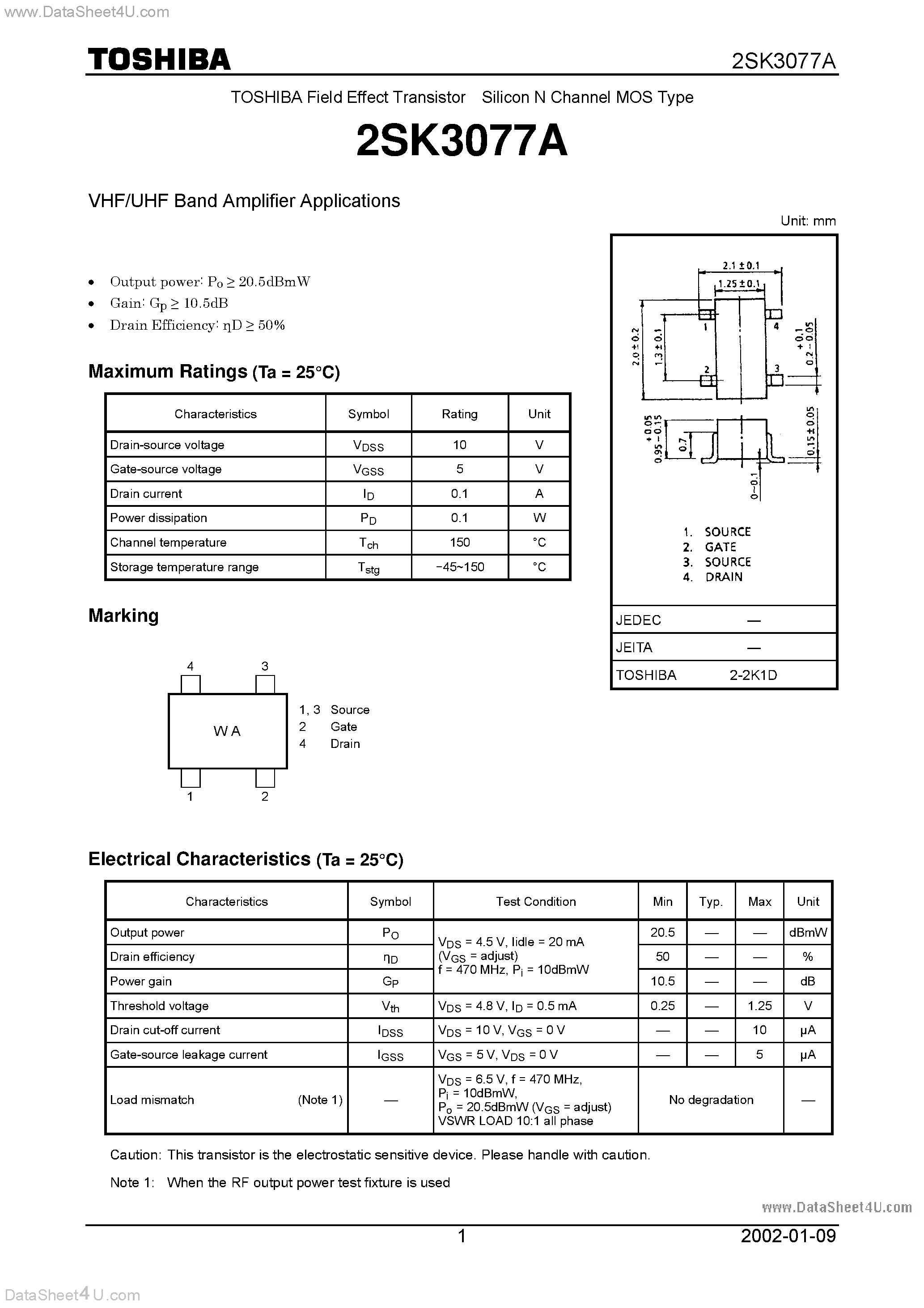 Даташит 2SK3077A - VHF/UHF Band Amplifier Applications страница 1