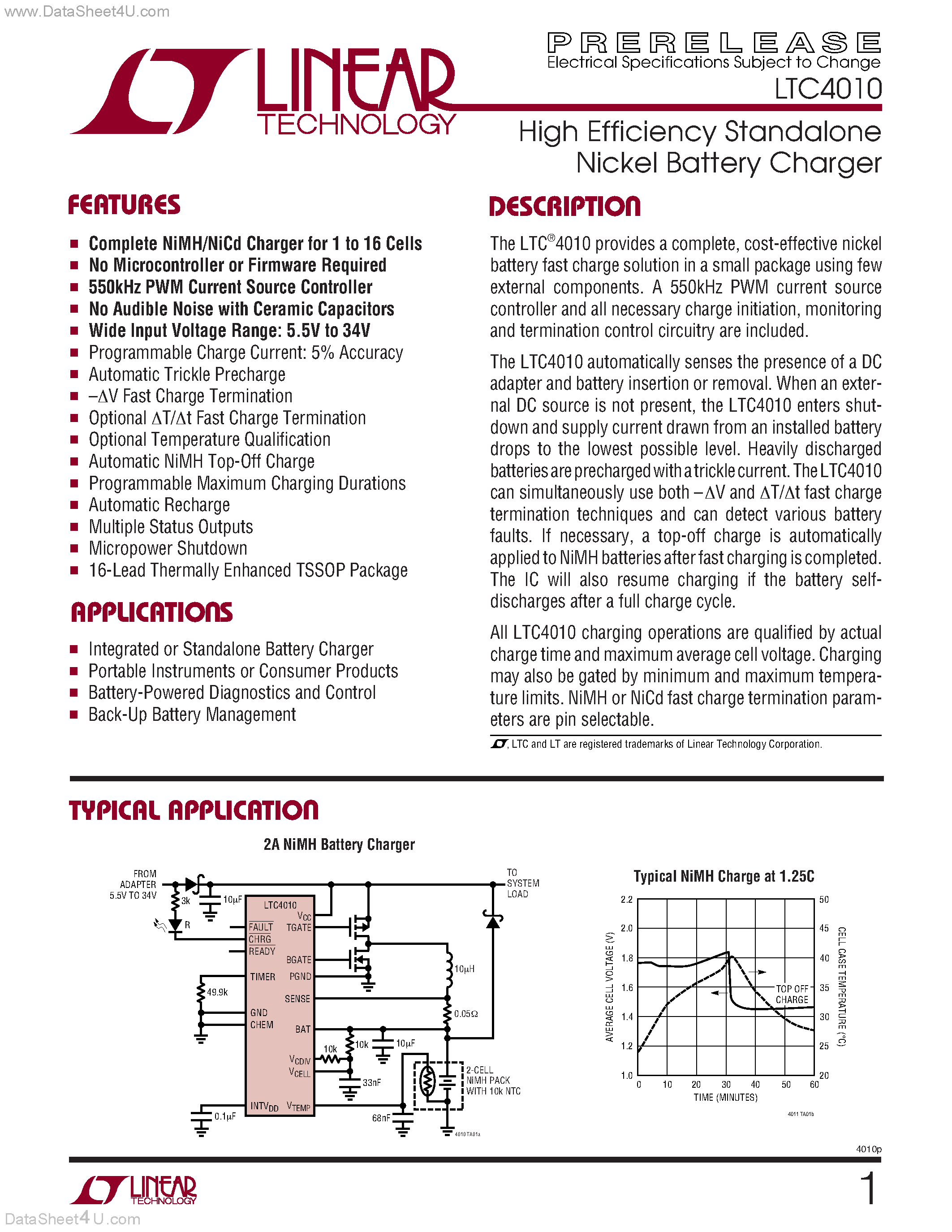 Datasheet LTC4010 - High Efficiency Standalone Nickel Battery Charger page 1