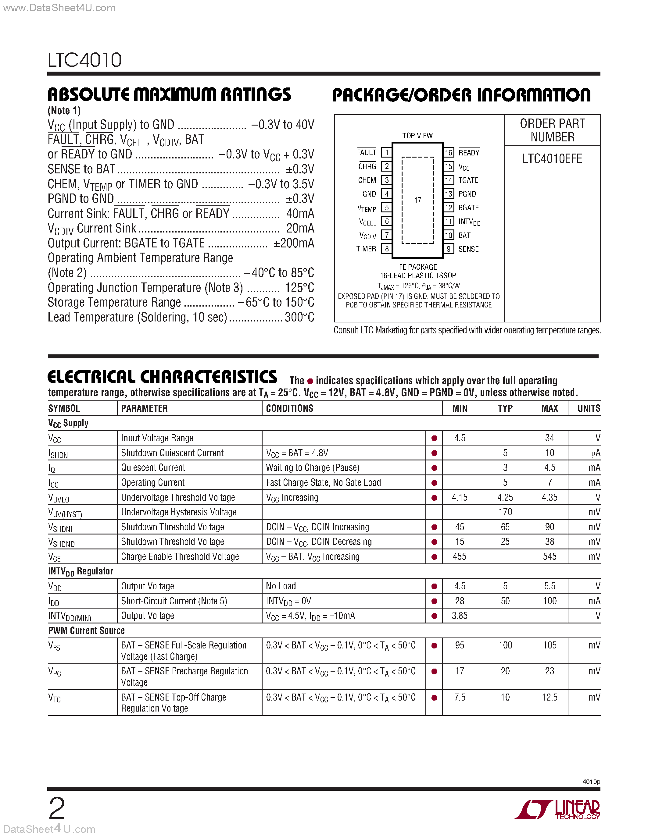 Datasheet LTC4010 - High Efficiency Standalone Nickel Battery Charger page 2