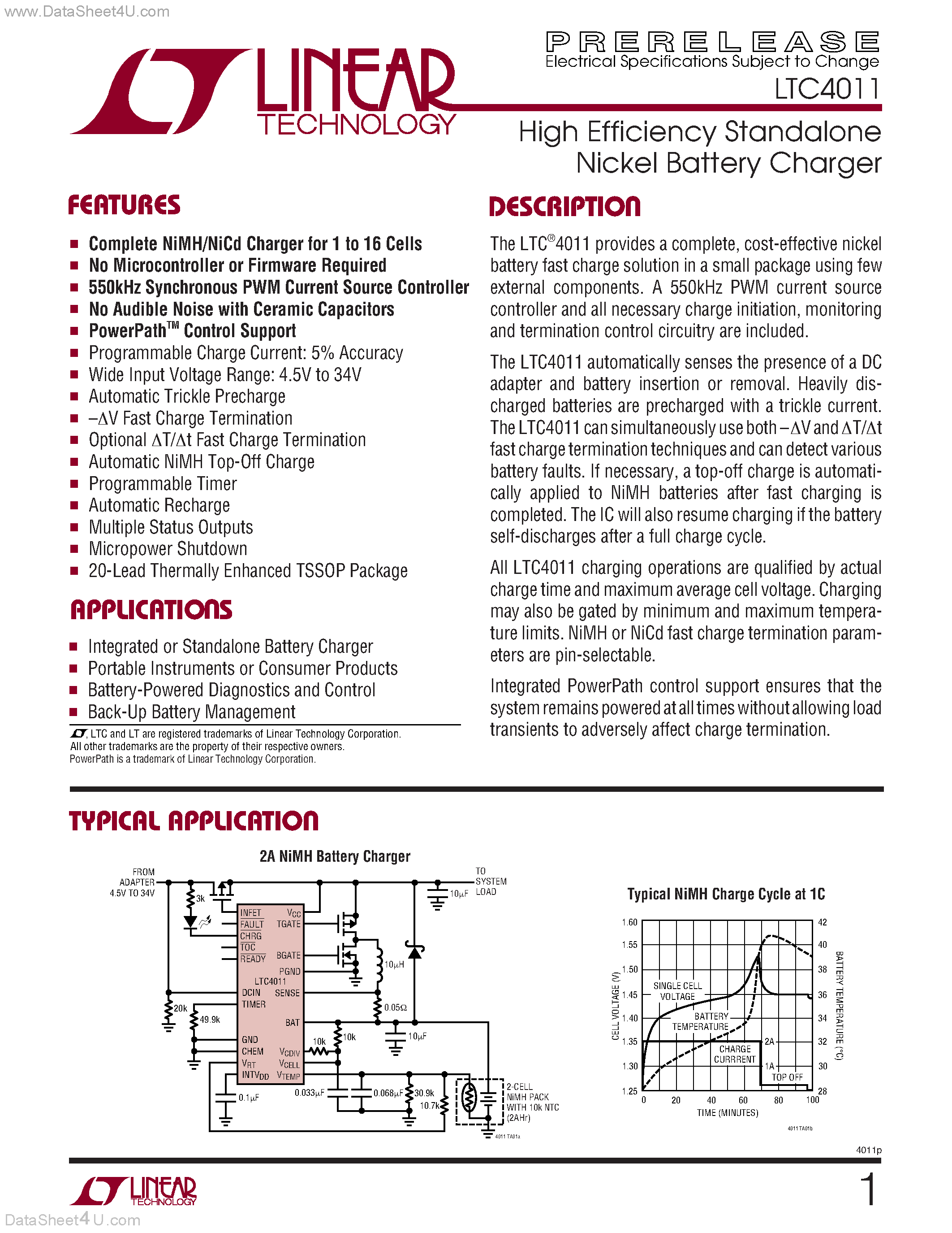 Datasheet LTC4011 - High Efficiency Standalone Nickel Battery Charger page 1