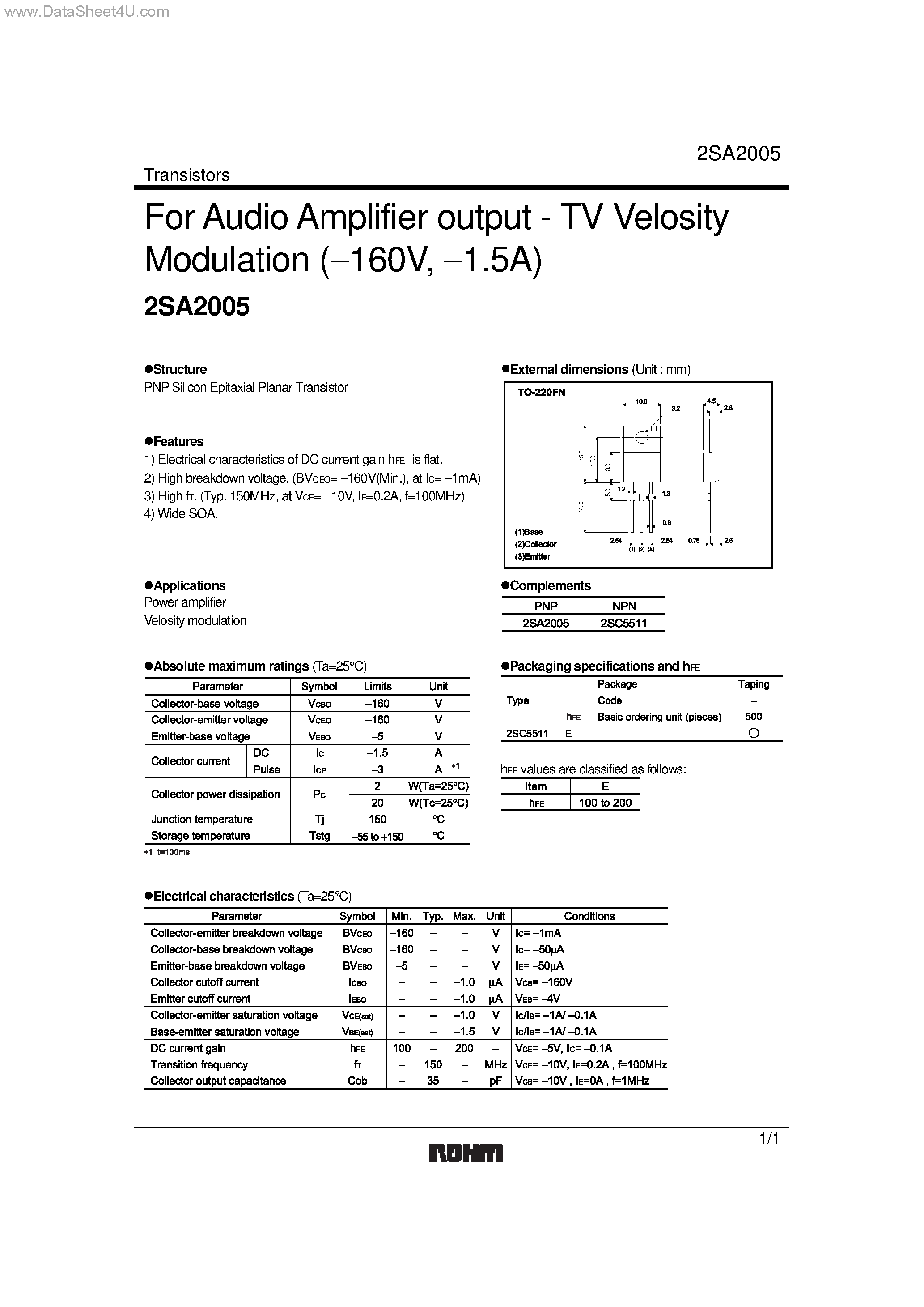 Datasheet 2SA2005 page 1 Datasheet 2SA2005 - For Audio Amplifier output - TV Velosity Modulation page 1