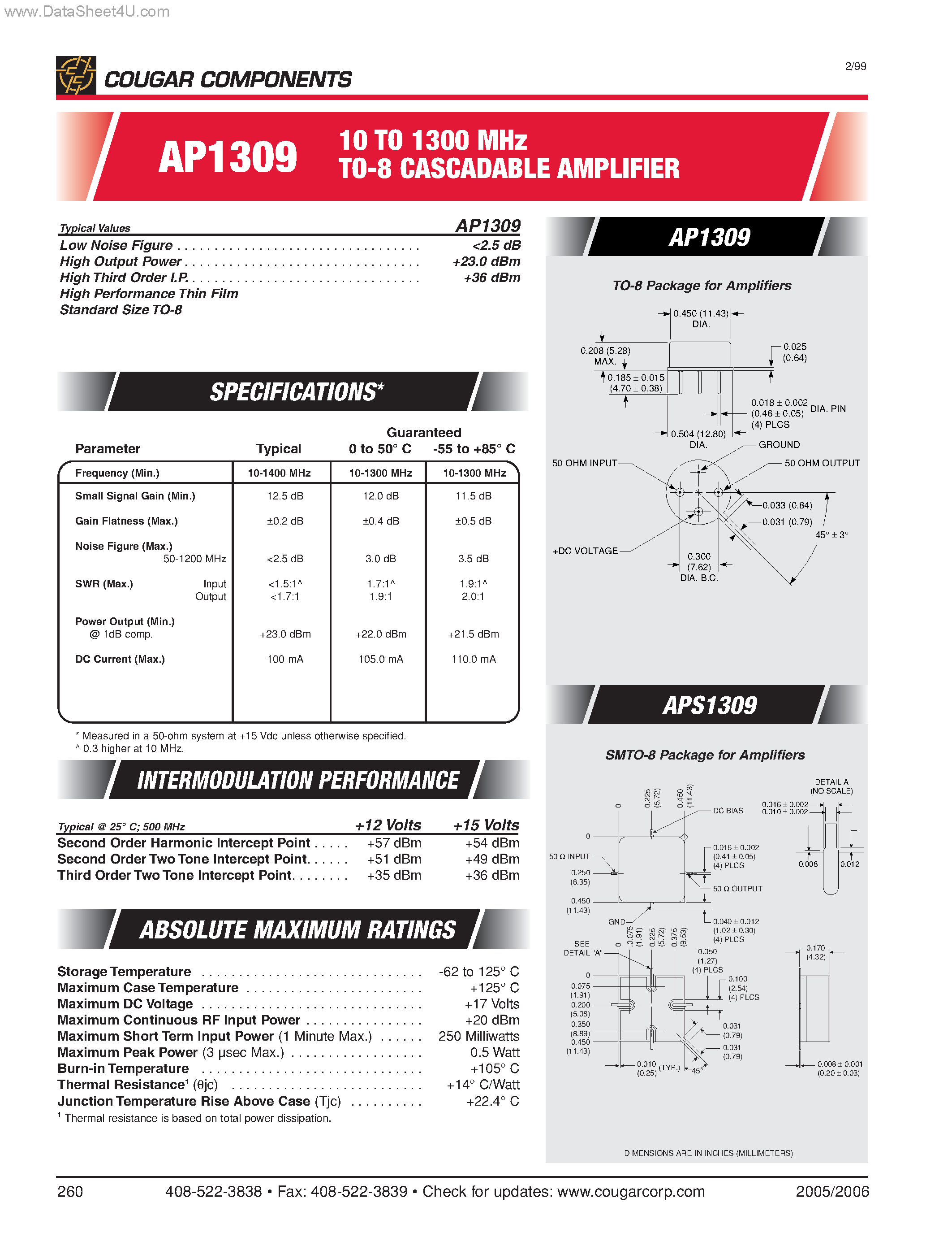 Даташит на микросхему AP1309 страница 1 Даташит AP1309 - 10 TO 1300 MHz TO-8 CASCADABLE AMPLIFIER страница 1