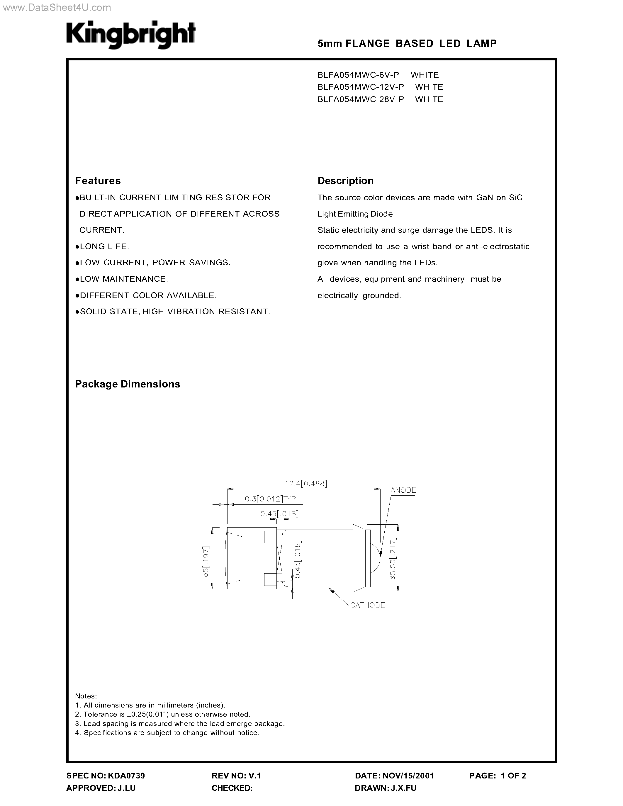 Даташит BLFA054MWC-12V-P - 5mm FLANGE BASED LED LAMP страница 1