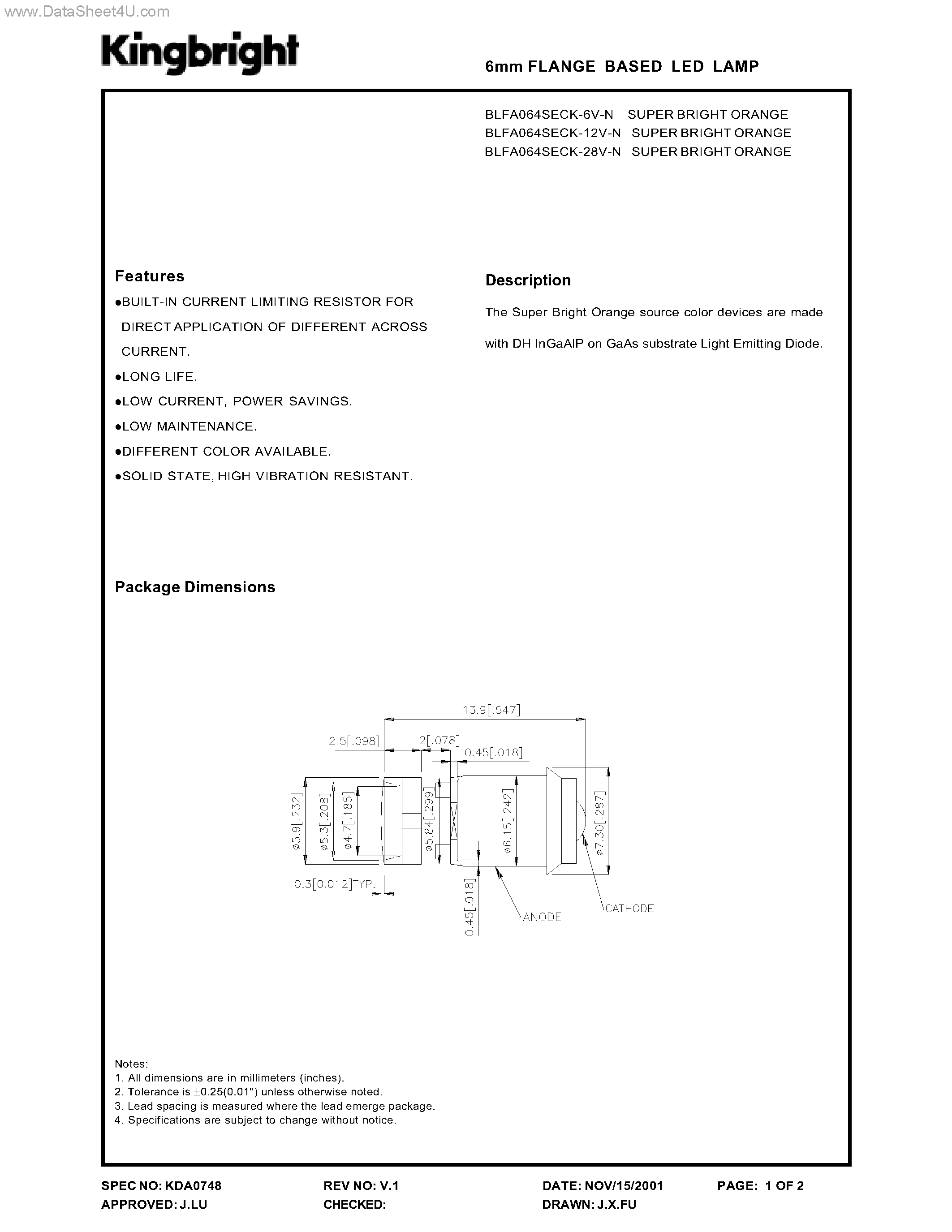 Datasheet BLFA064SECK-xxV-N - 6mm FLANGE BASED LED LAMP page 1