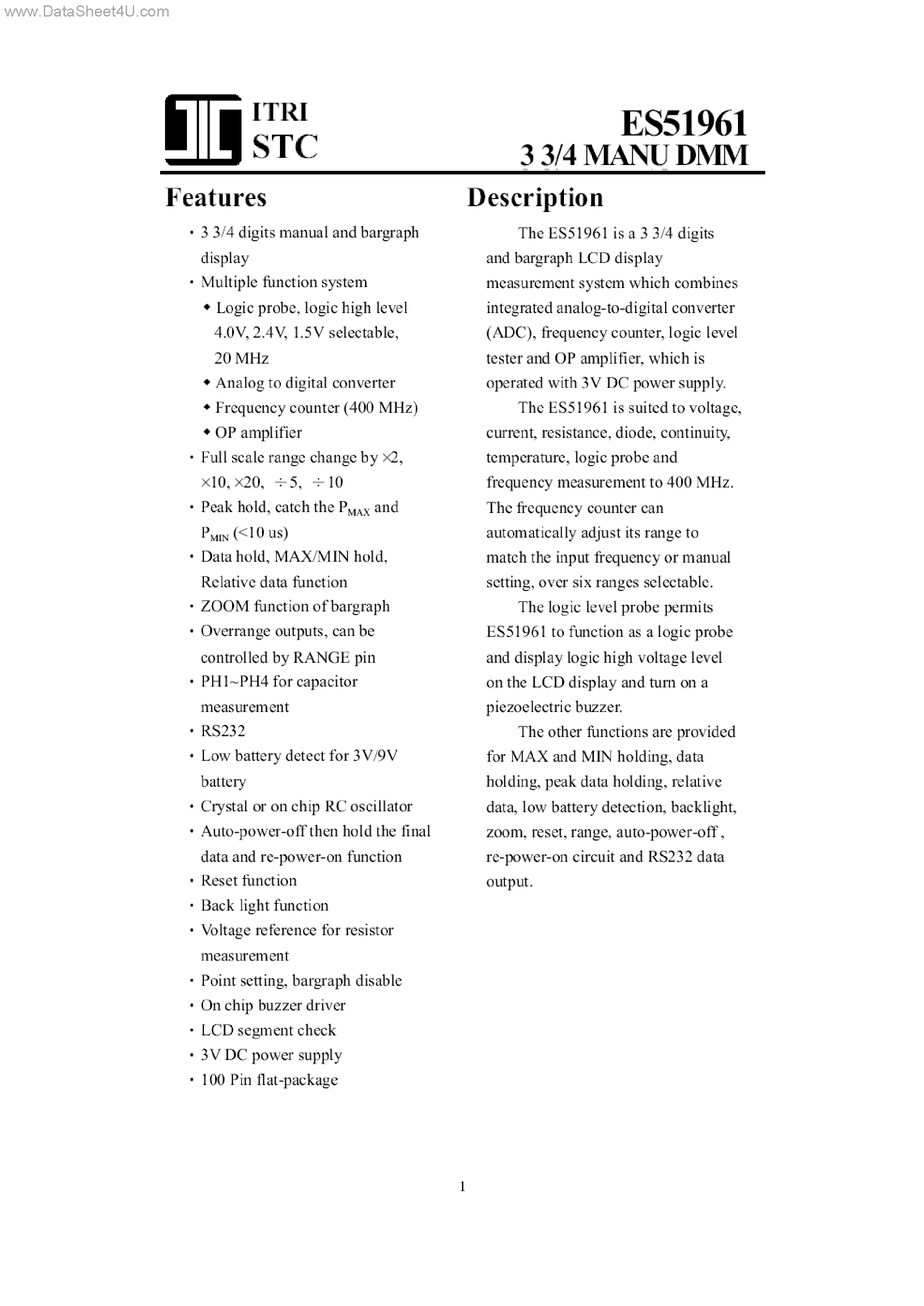 Datasheet ES51961 - 3 3/4 MANU DMM page 1