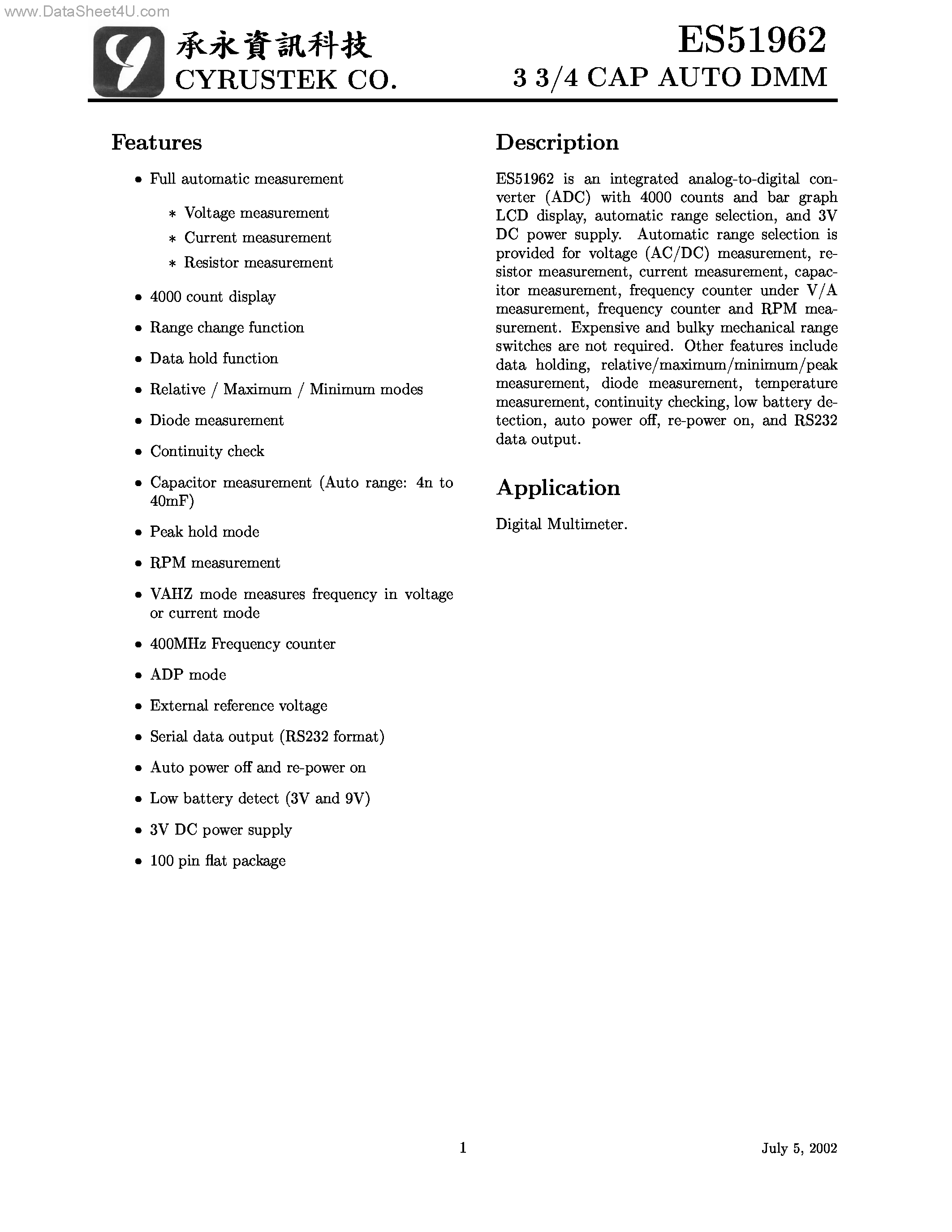Datasheet ES51962 - 3 3/4 CAP AUTO DMM page 1