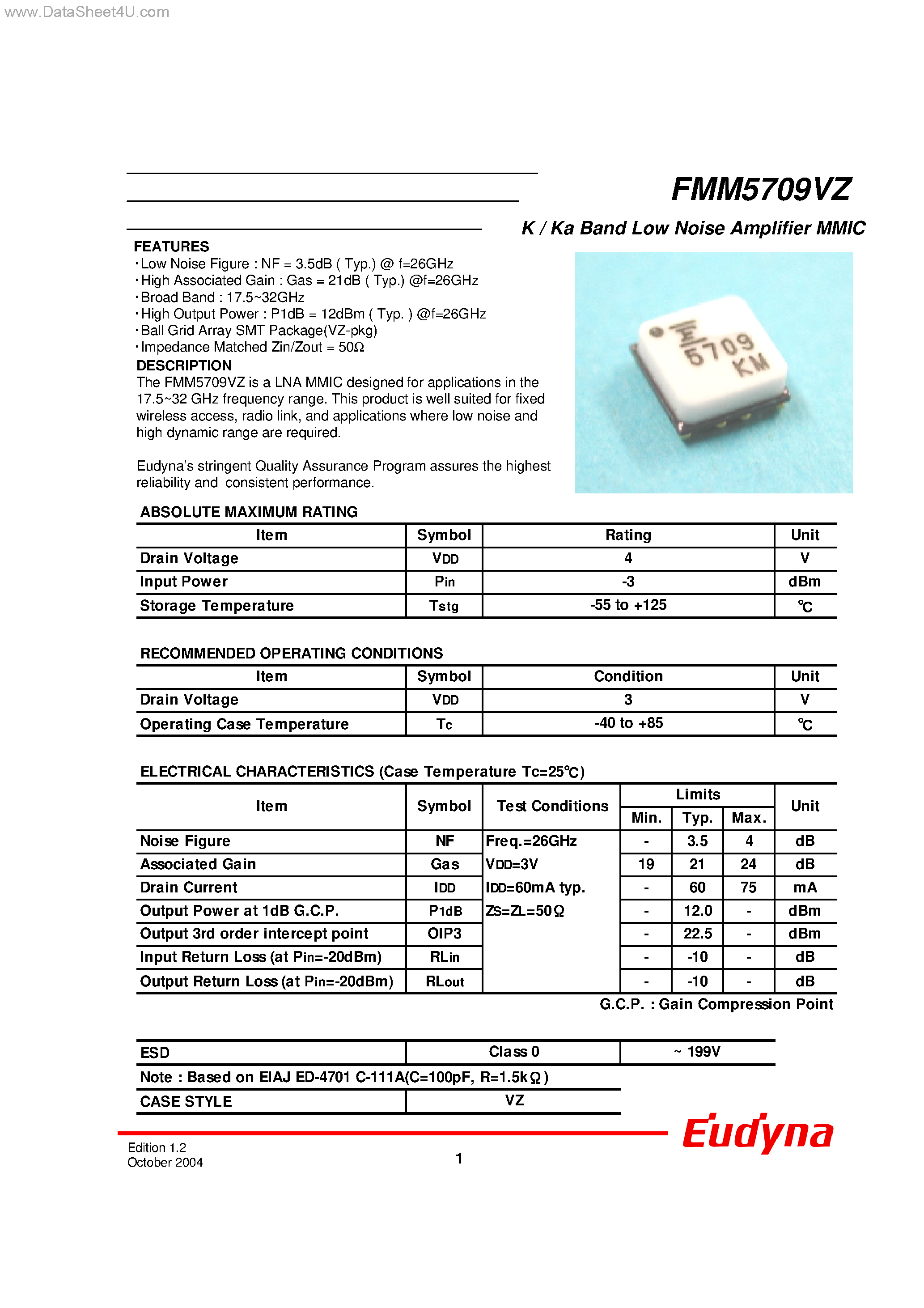 Datasheet FMM5709VZ - K/ Ka Band Low Noise Amplifier MMIC page 1