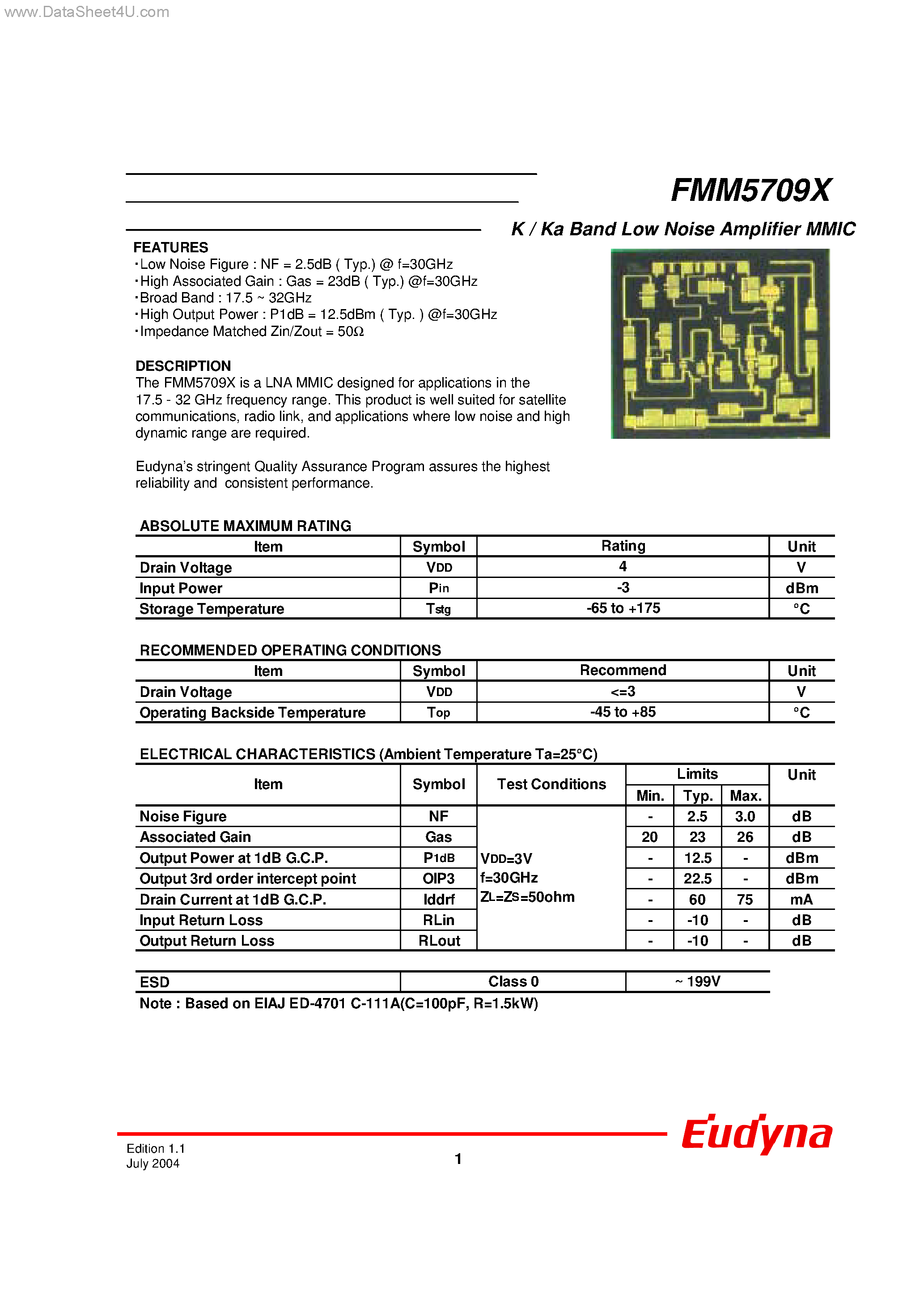 Datasheet FMM5709X - K/Ka Band Low Noise Amplifier MMIC page 1