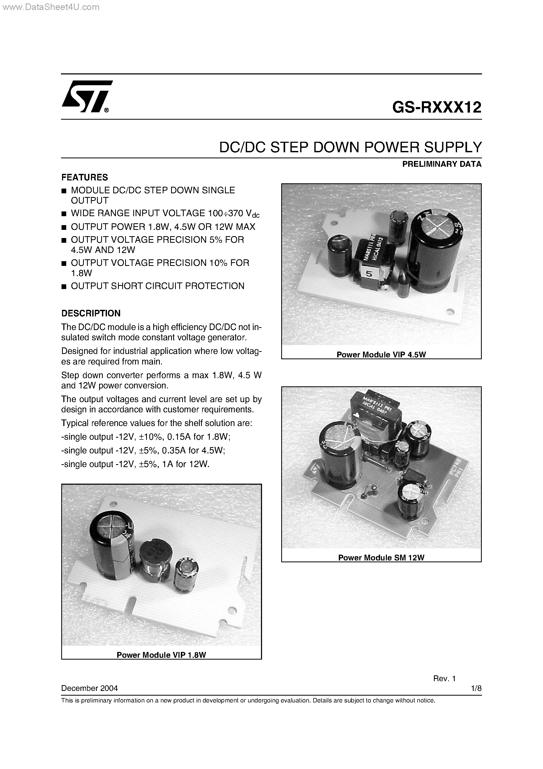 Даташит на микросхему GS-RXXX12 страница 1 Даташит GS-RXXX12 - DC/DC STEP SOWN POWER SUPPLY страница 1