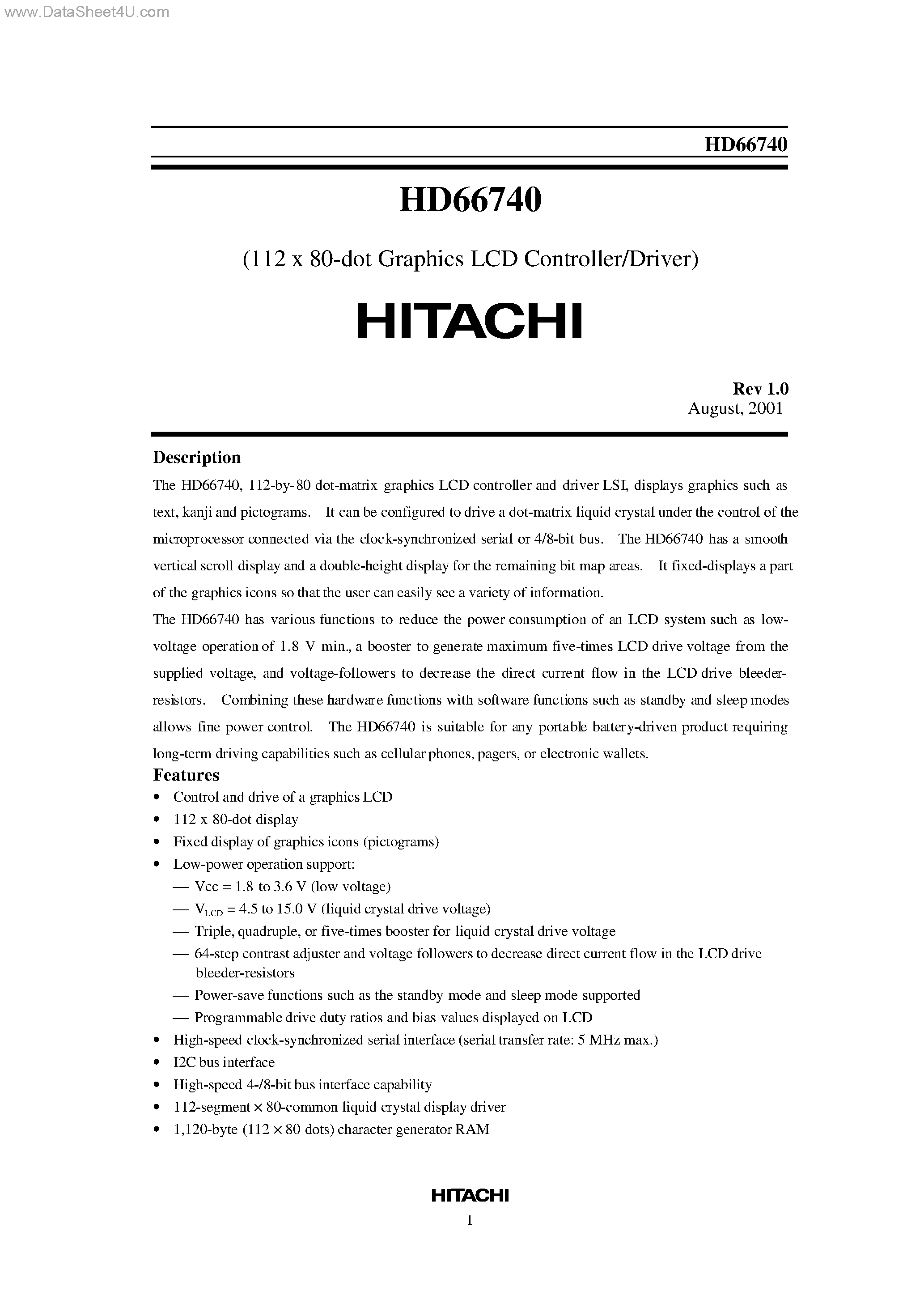 Даташит на микросхему HCD66740 страница 1 Даташит HCD66740 - 112 x 80-dot Graphics LCD Controller/Driver страница 1