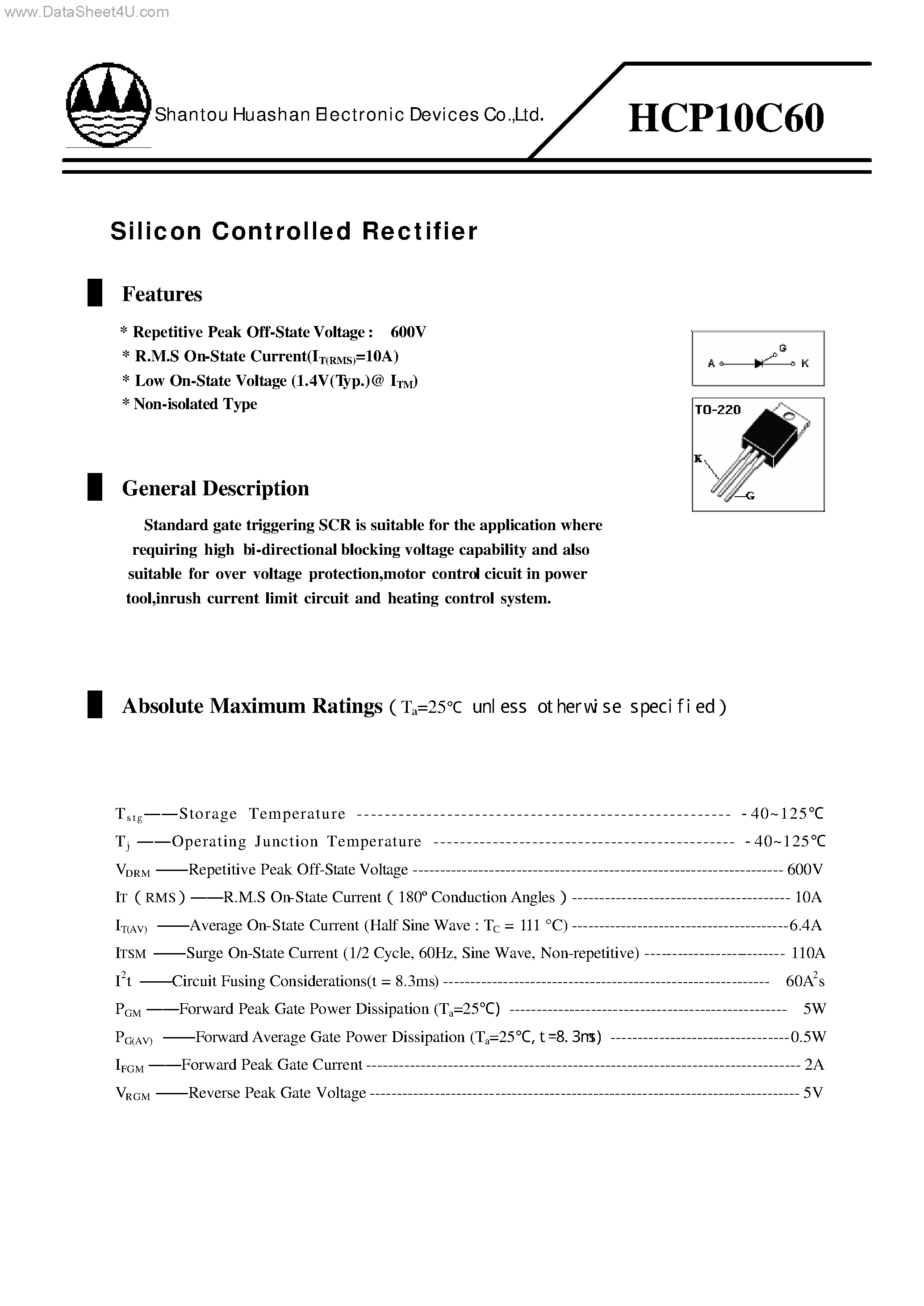 Datasheet HCP10C60 page 1 Datasheet HCP10C60 - Silicon Controlled Rectifier page 1