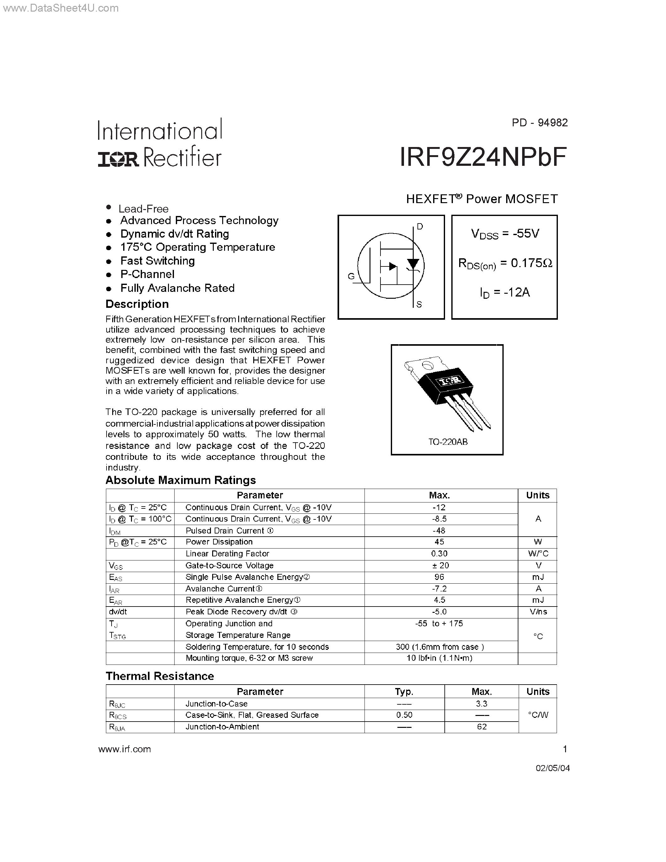 Datasheet IRF9Z24NPBF - HEXFET Power MOSFET page 1