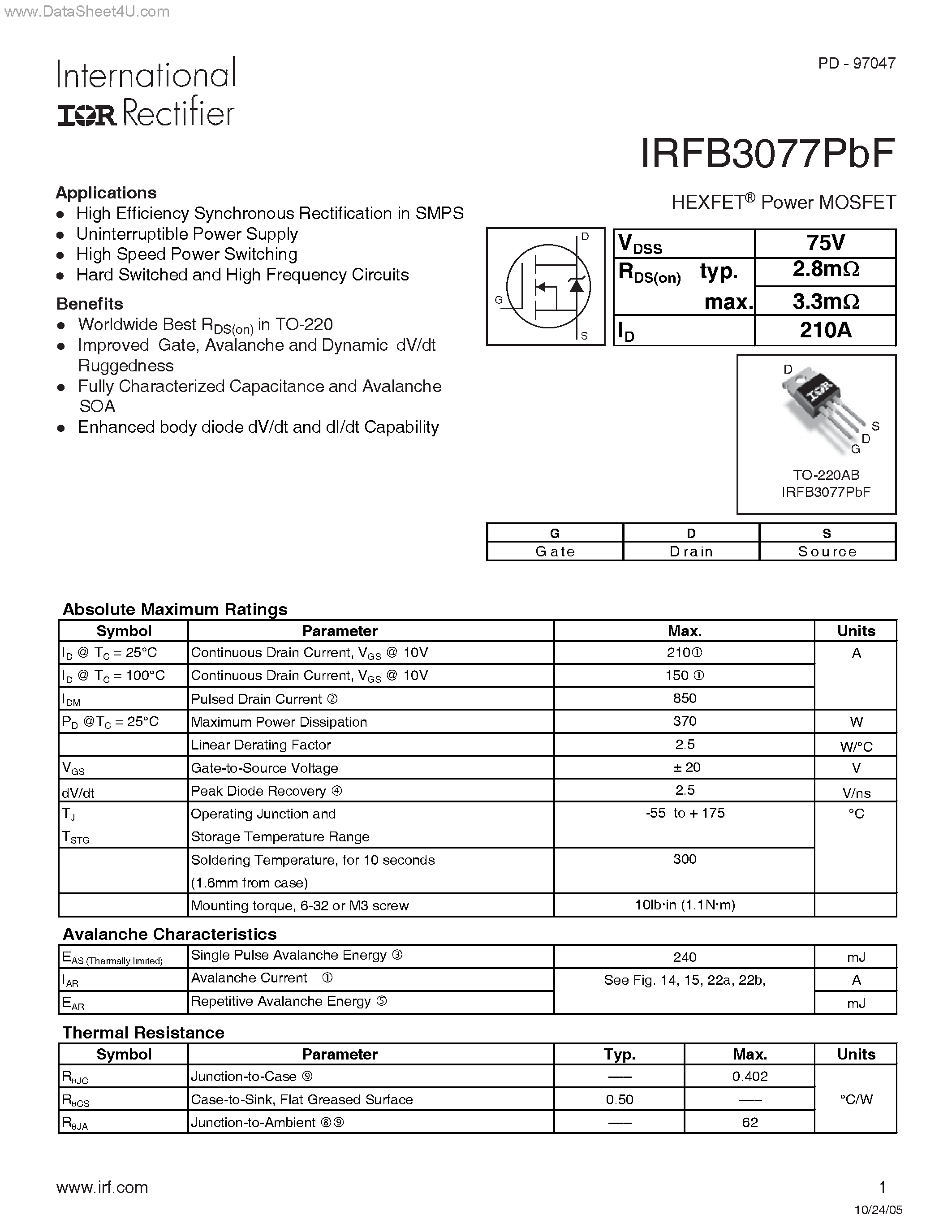 Datasheet IRFB3077PBF - High Efficiency Synchronous Rectification page 1
