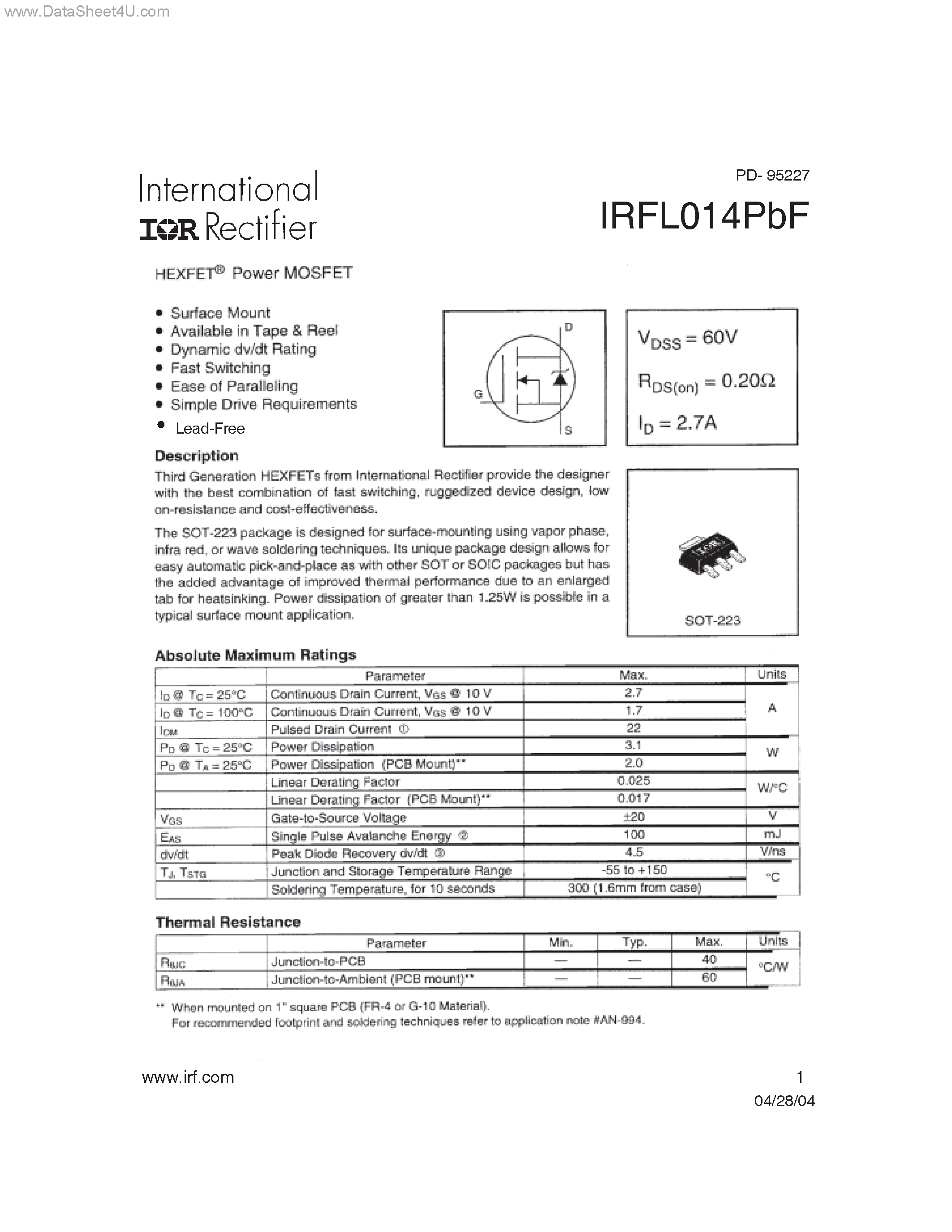 Datasheet IRFL014PBF - Surface Mount / Fast Switching page 1