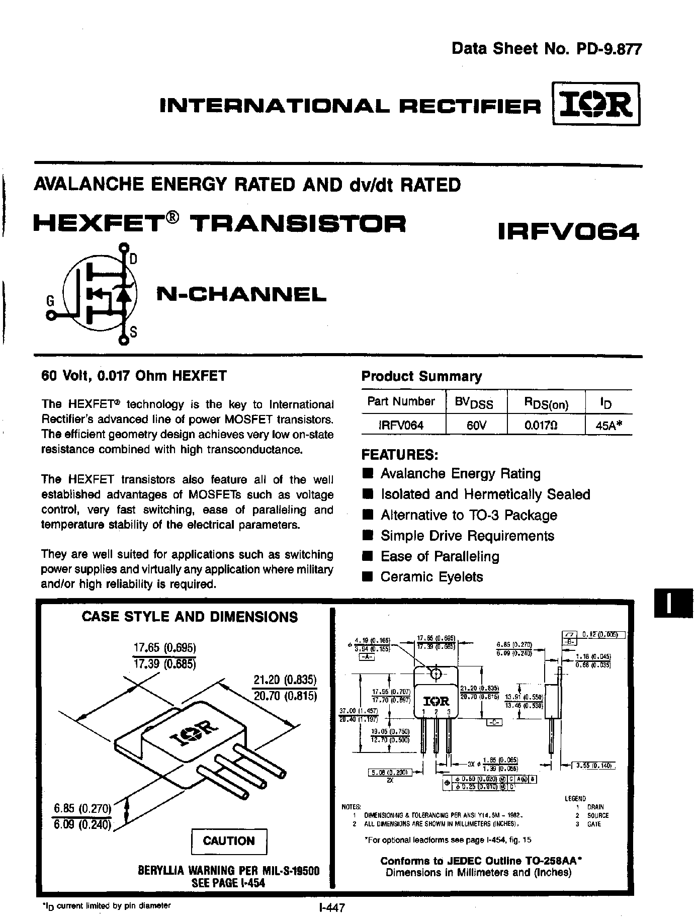 Datasheet IRFV064 page 1 Datasheet IRFV064 - HEXFET TRANSISTOR page 1