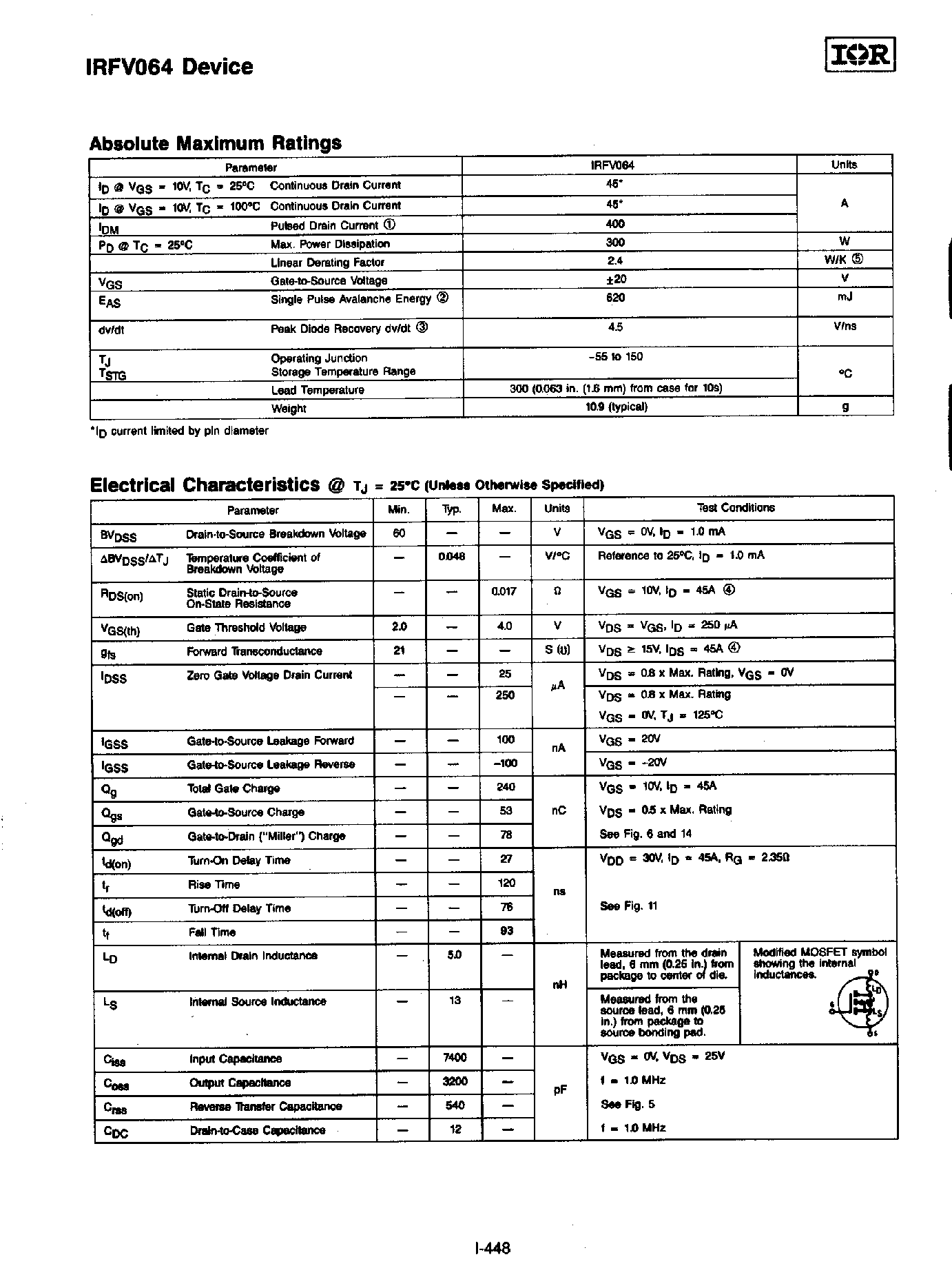 Datasheet IRFV064 page 2 Datasheet IRFV064 - HEXFET TRANSISTOR page 2