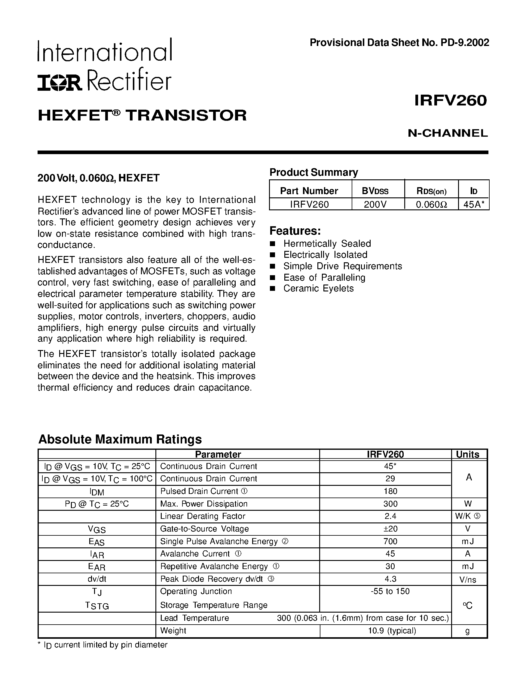 Datasheet IRFV260 - TRANSISTOR N-CHANNEL page 1