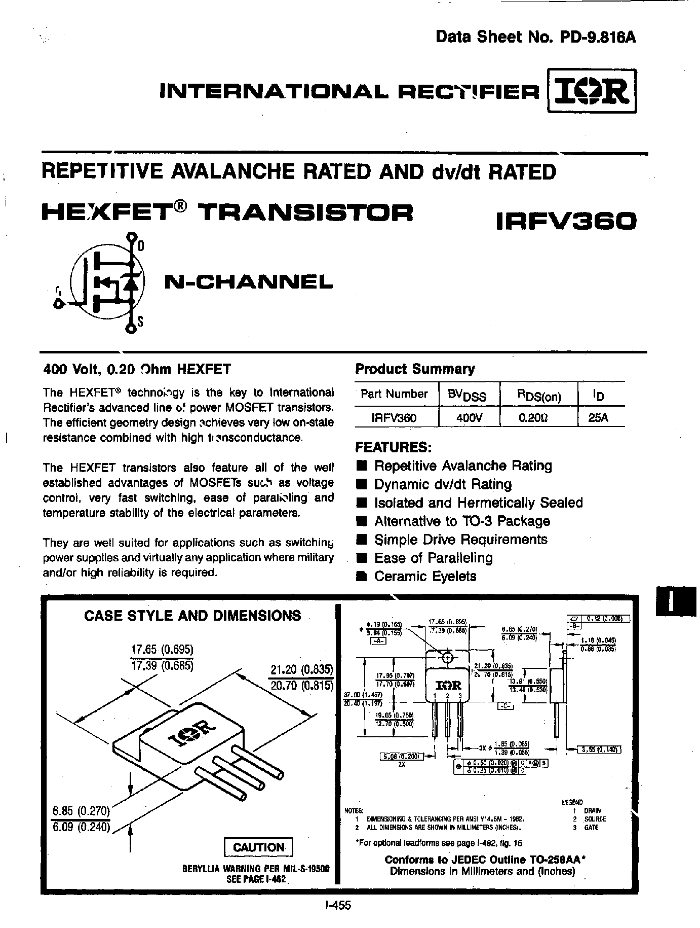 Datasheet IRFV360 page 1 Datasheet IRFV360 - REPETITIVE AVALANCHE RATED AND dv/dt RATED HEXFET TRANSISTOR page 1