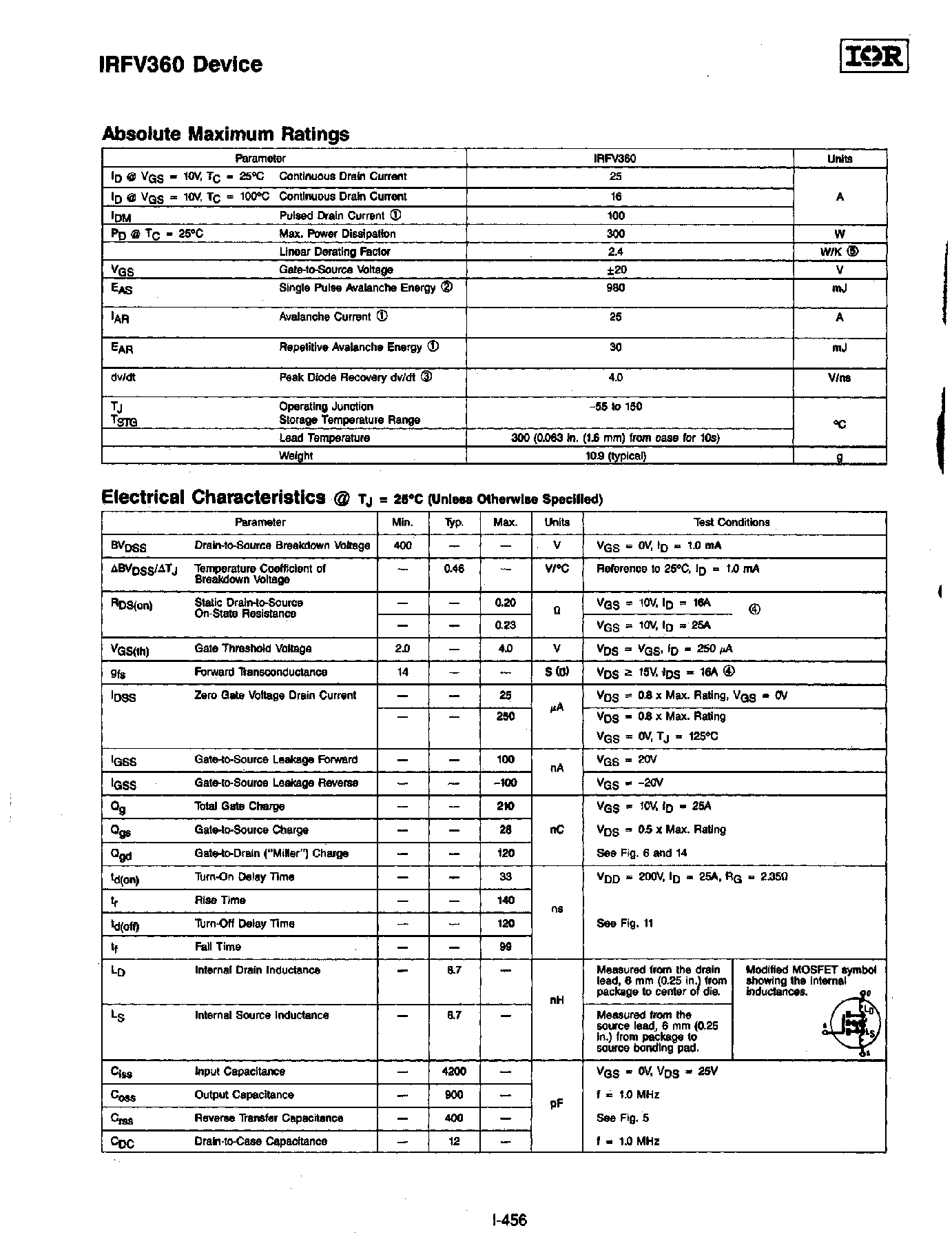 Datasheet IRFV360 page 2 Datasheet IRFV360 - REPETITIVE AVALANCHE RATED AND dv/dt RATED HEXFET TRANSISTOR page 2