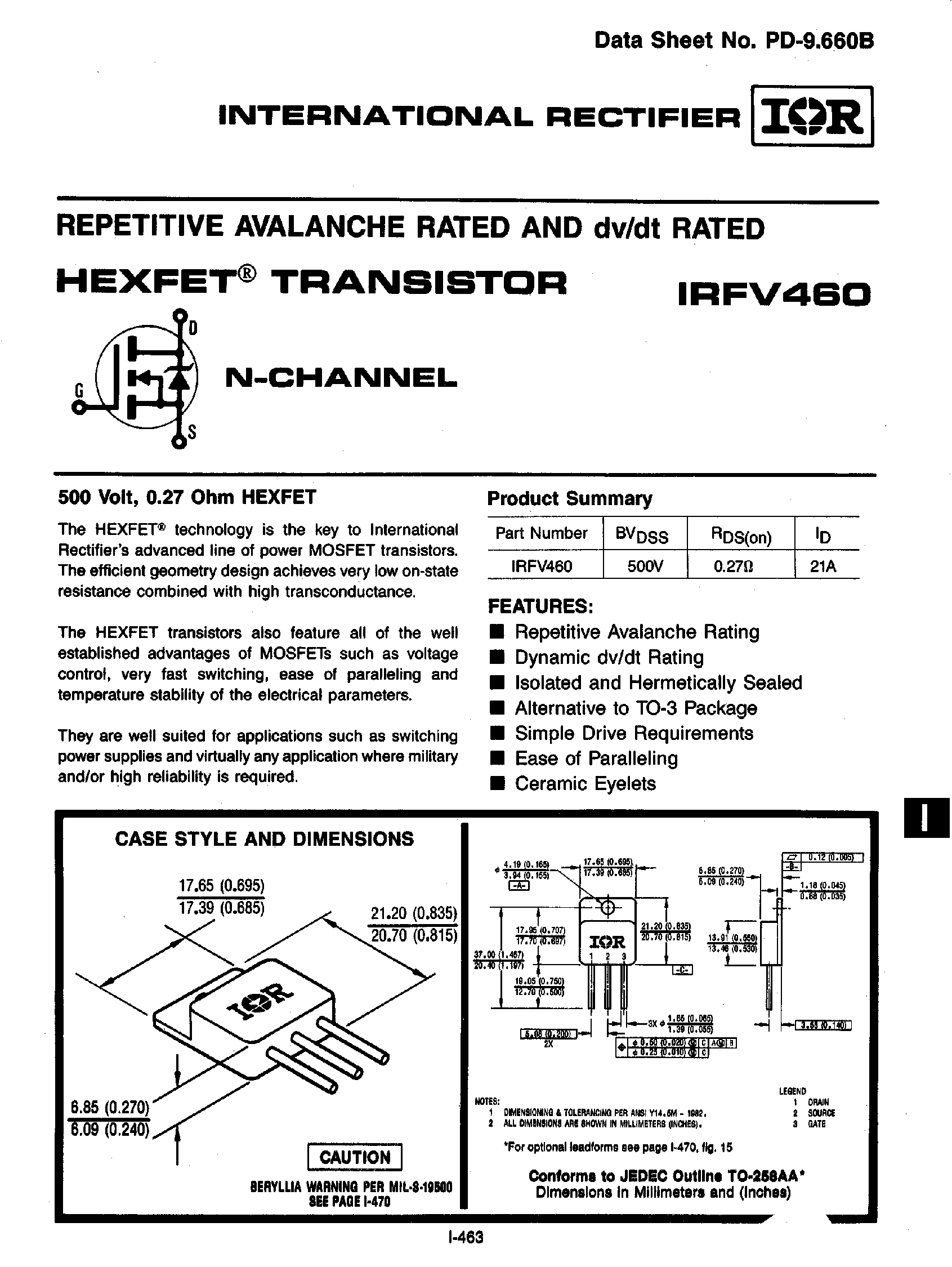 Datasheet IRFV460 - REPETITIVE AVALANCHE RATED AND dv/dt RATED page 1