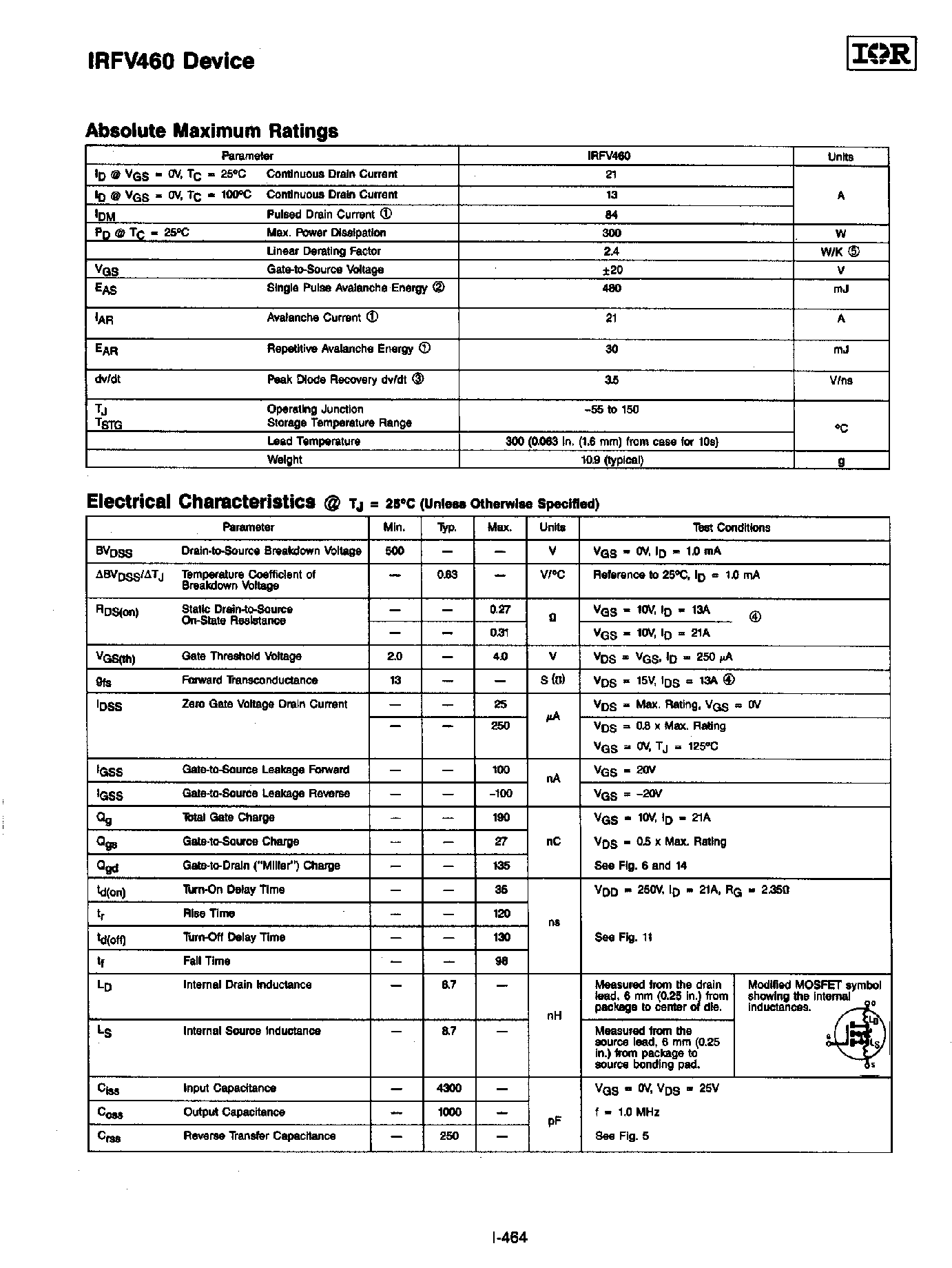 Datasheet IRFV460 - REPETITIVE AVALANCHE RATED AND dv/dt RATED page 2