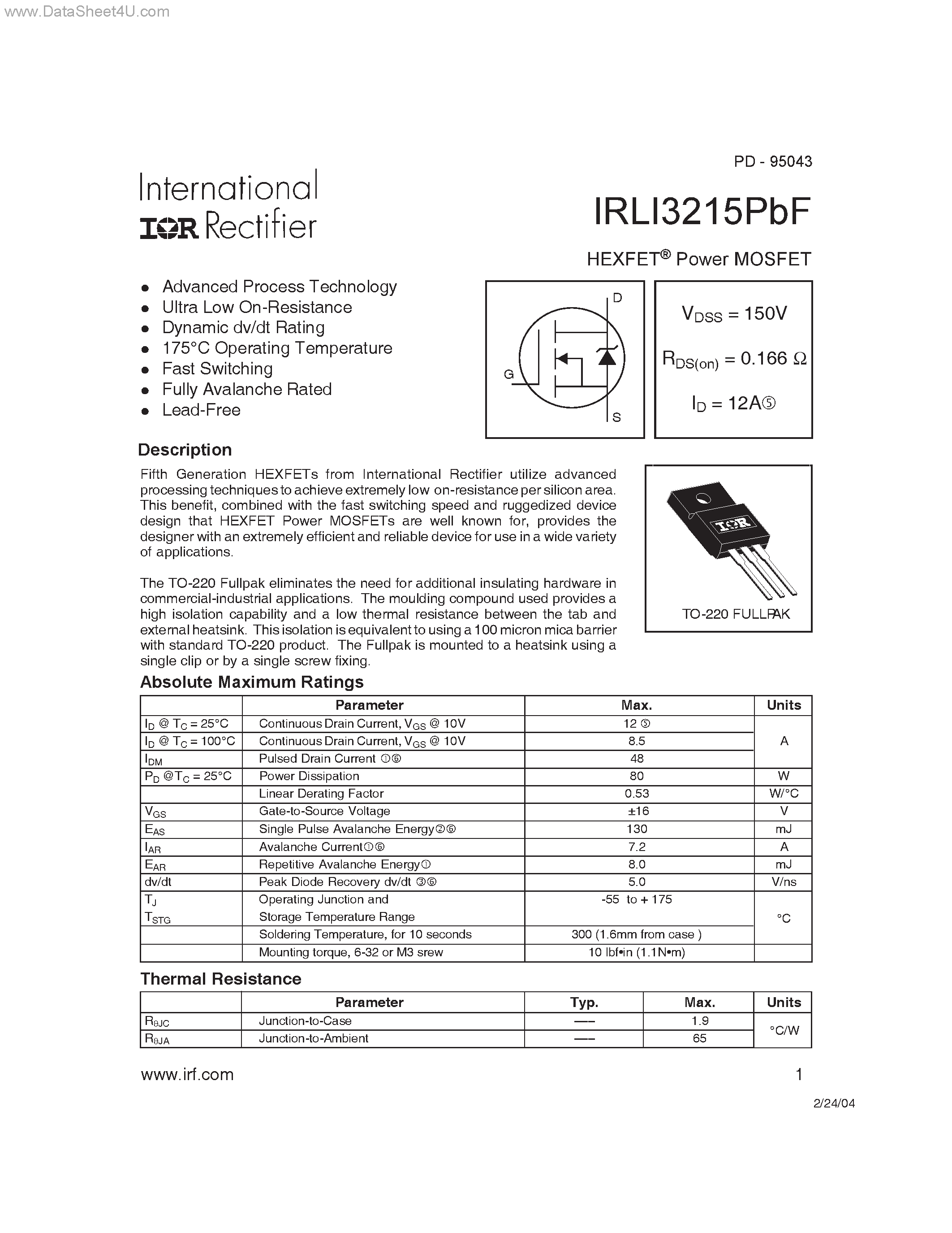 Datasheet IRLI3215PBF - Advanced Process Technology page 1