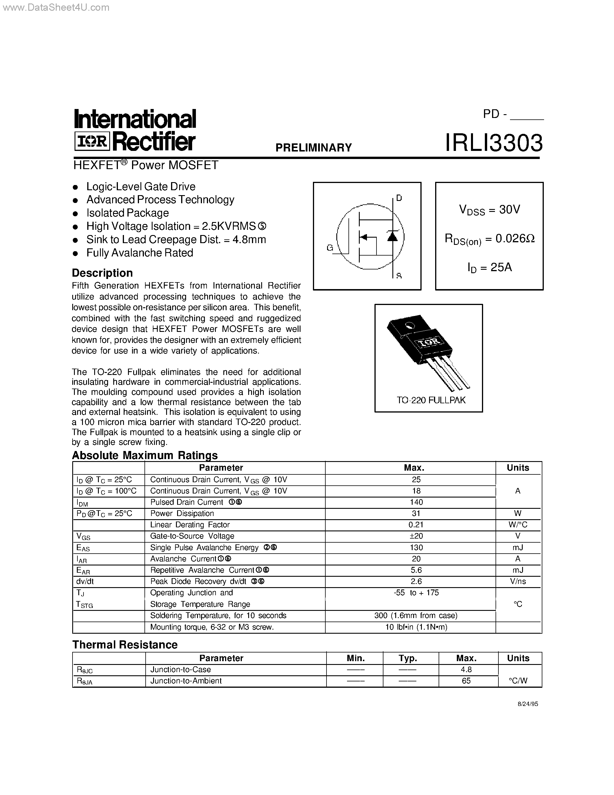 Datasheet IRLI3303 - HEXFET Power MOSFET page 1