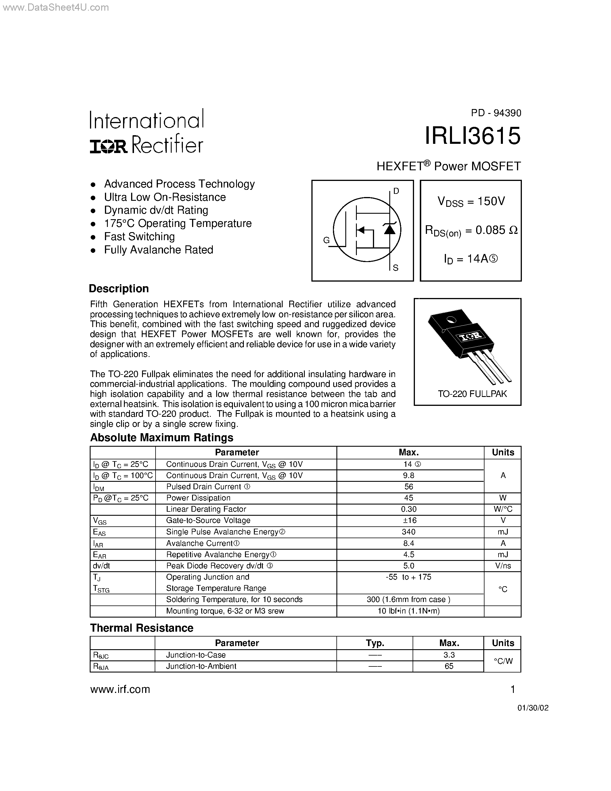 Datasheet IRLI3615 page 1 Datasheet IRLI3615 - HEXFET Power MOSFET page 1