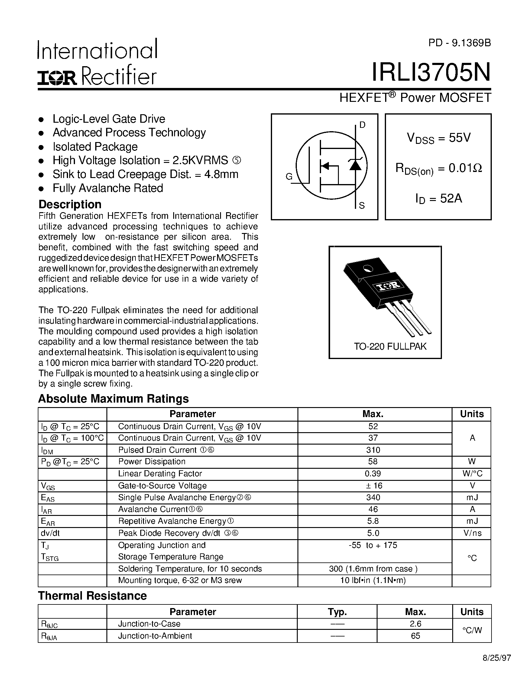 Datasheet IRLI3705N - HEXFET Power MOSFET page 1