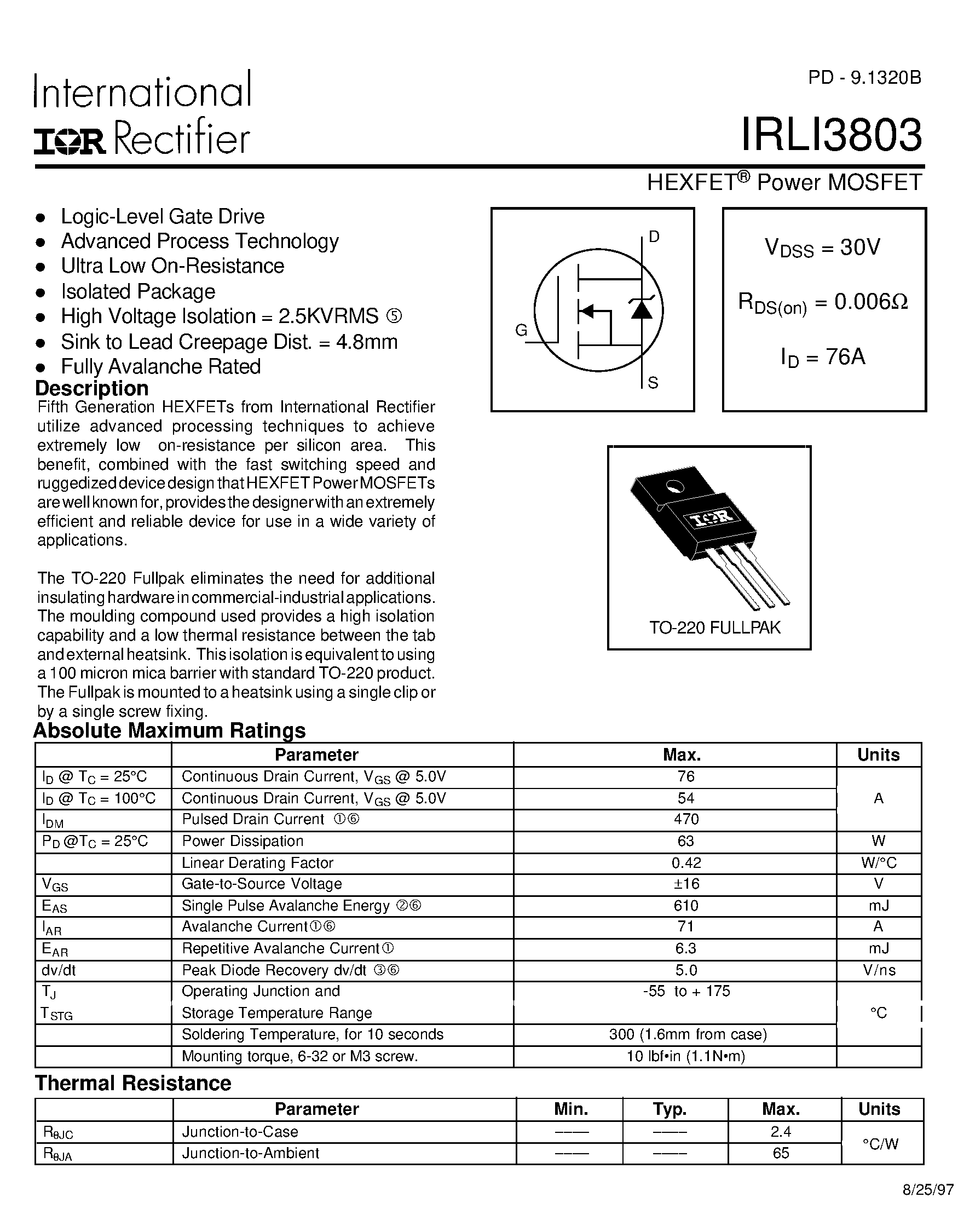 Datasheet IRLI3803 - HEXFET Power MOSFET page 1