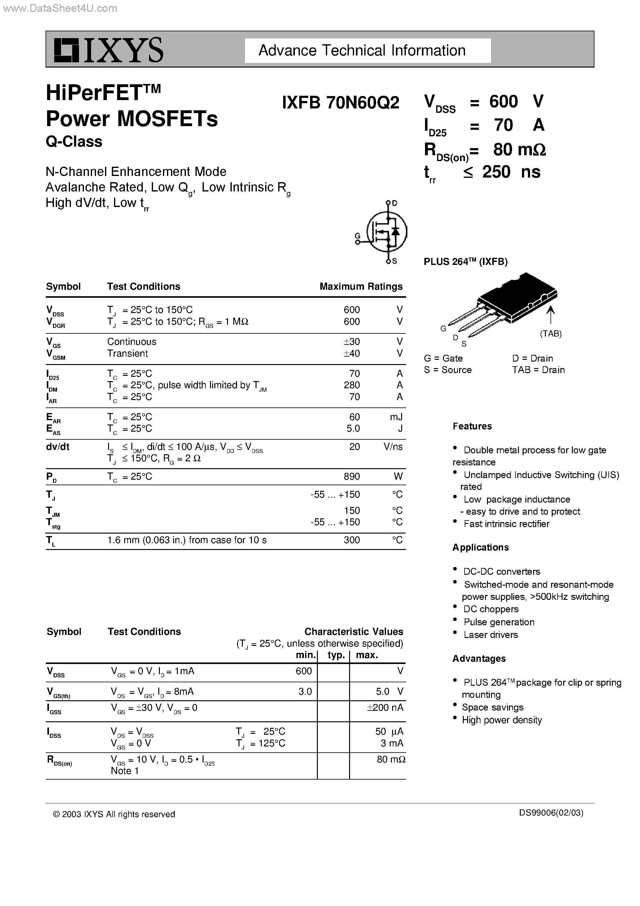 Datasheet IXFB70N60Q2 page 1 Datasheet IXFB70N60Q2 - HiPerFET Power MOSFET Q-Class page 1