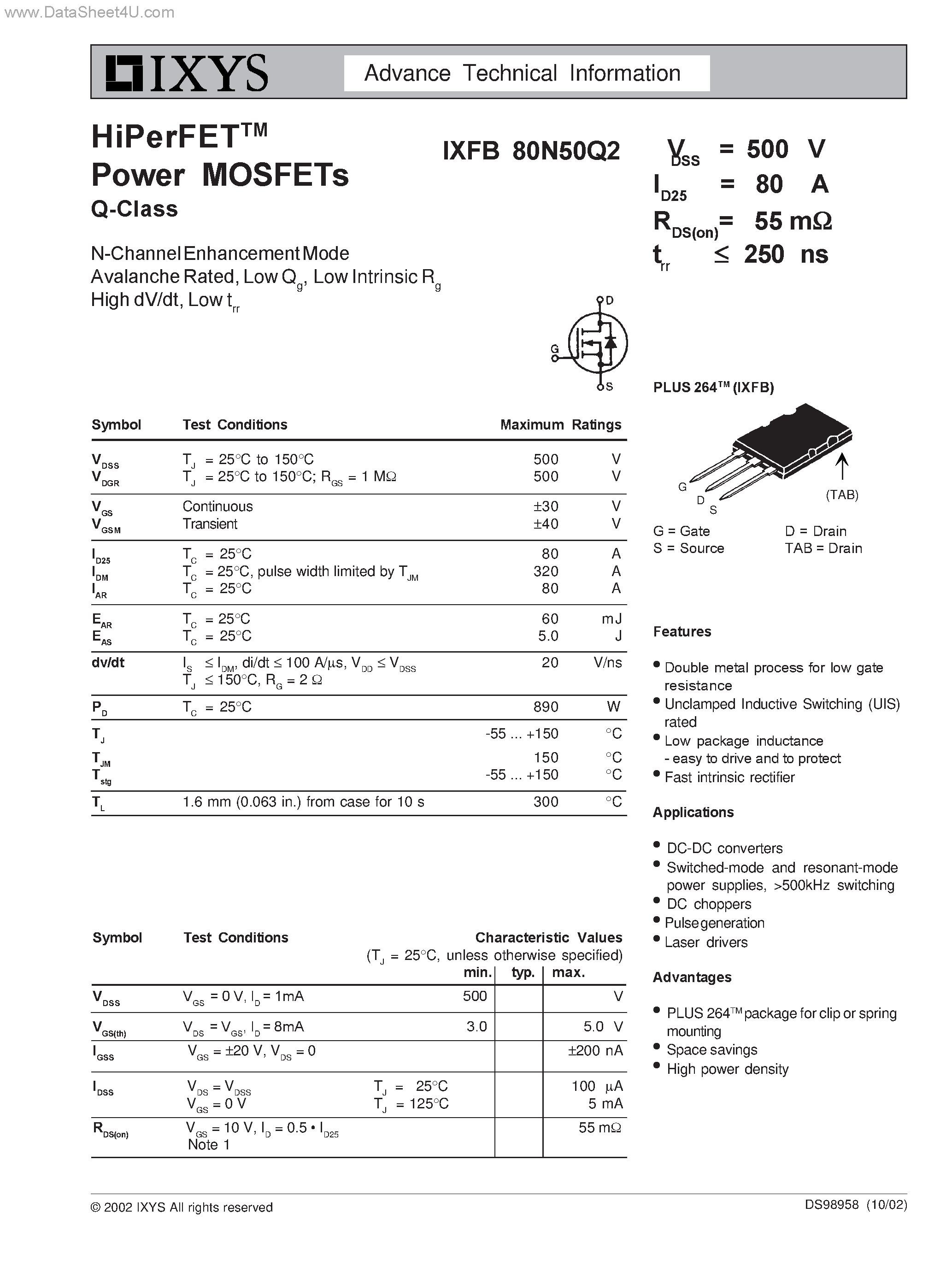 Datasheet IXFB80N50Q2 page 1 Datasheet IXFB80N50Q2 - HiPerFET Power MOSFETs Q-Class page 1