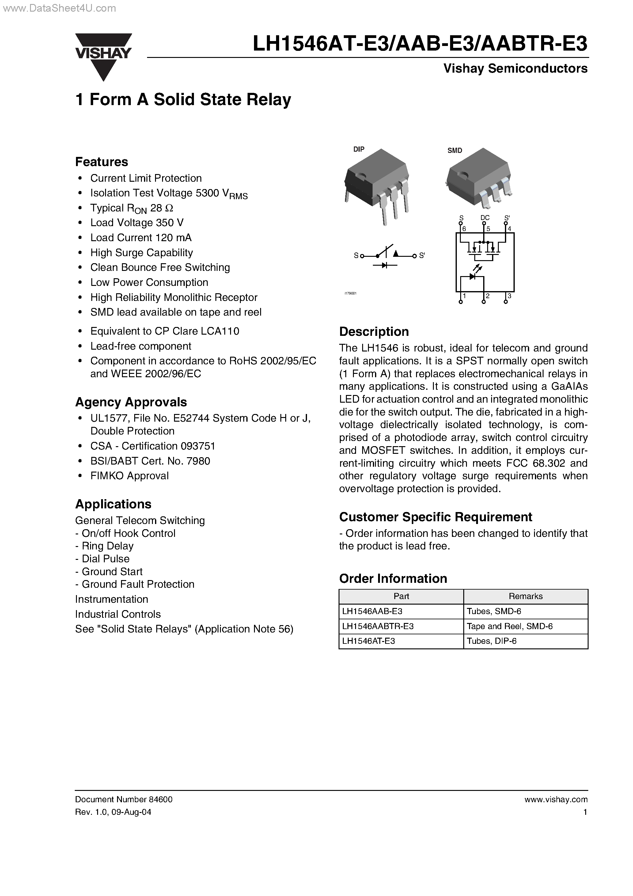 Datasheet LH1546AABTR-E3 - 1 Form A Solid State Relay page 1