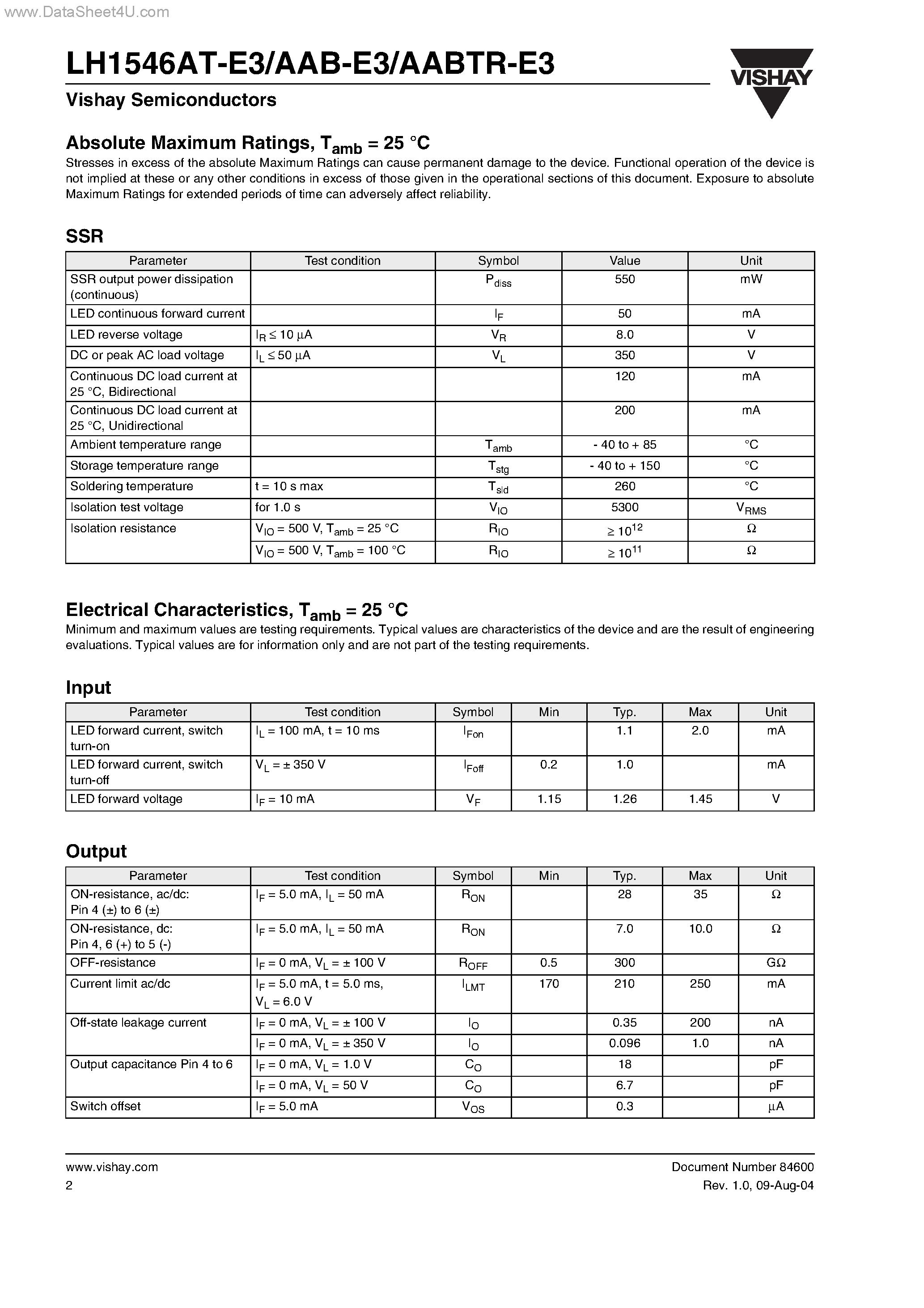Datasheet LH1546AABTR-E3 - 1 Form A Solid State Relay page 2