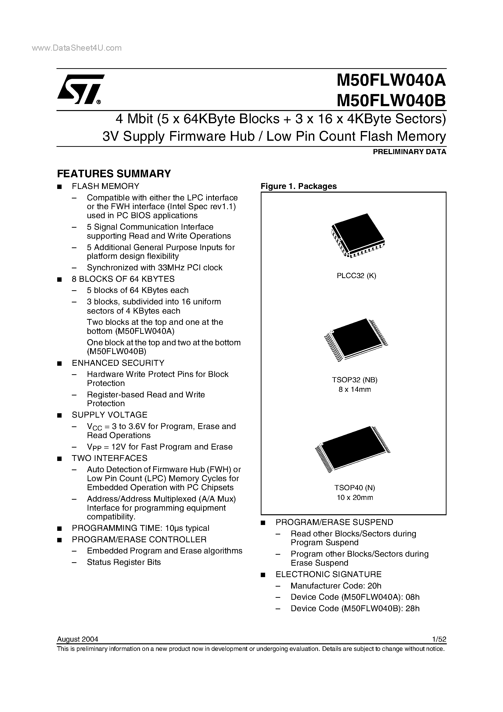 Datasheet M50FLW040A - 4 Mbit 3V Supply Firmware Hub / Low Pin Count Flash Memory page 1