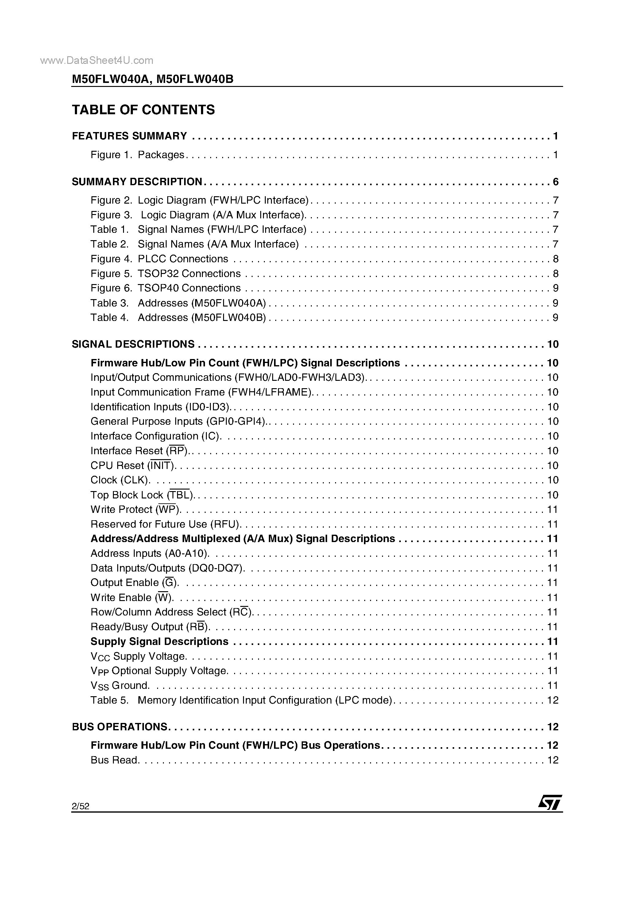 Datasheet M50FLW040A - 4 Mbit 3V Supply Firmware Hub / Low Pin Count Flash Memory page 2