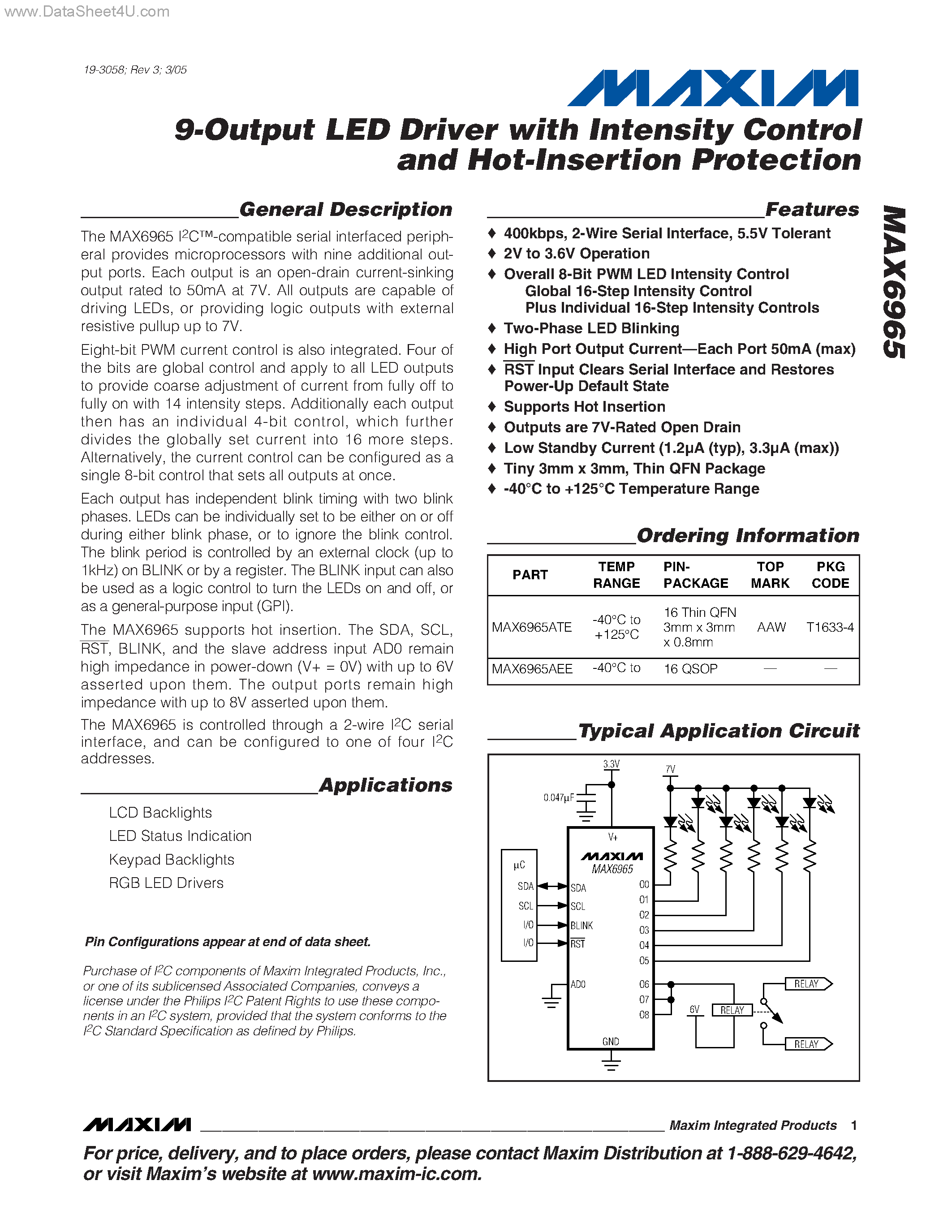 Datasheet MAX6965 - 9-Output LED Driver page 1