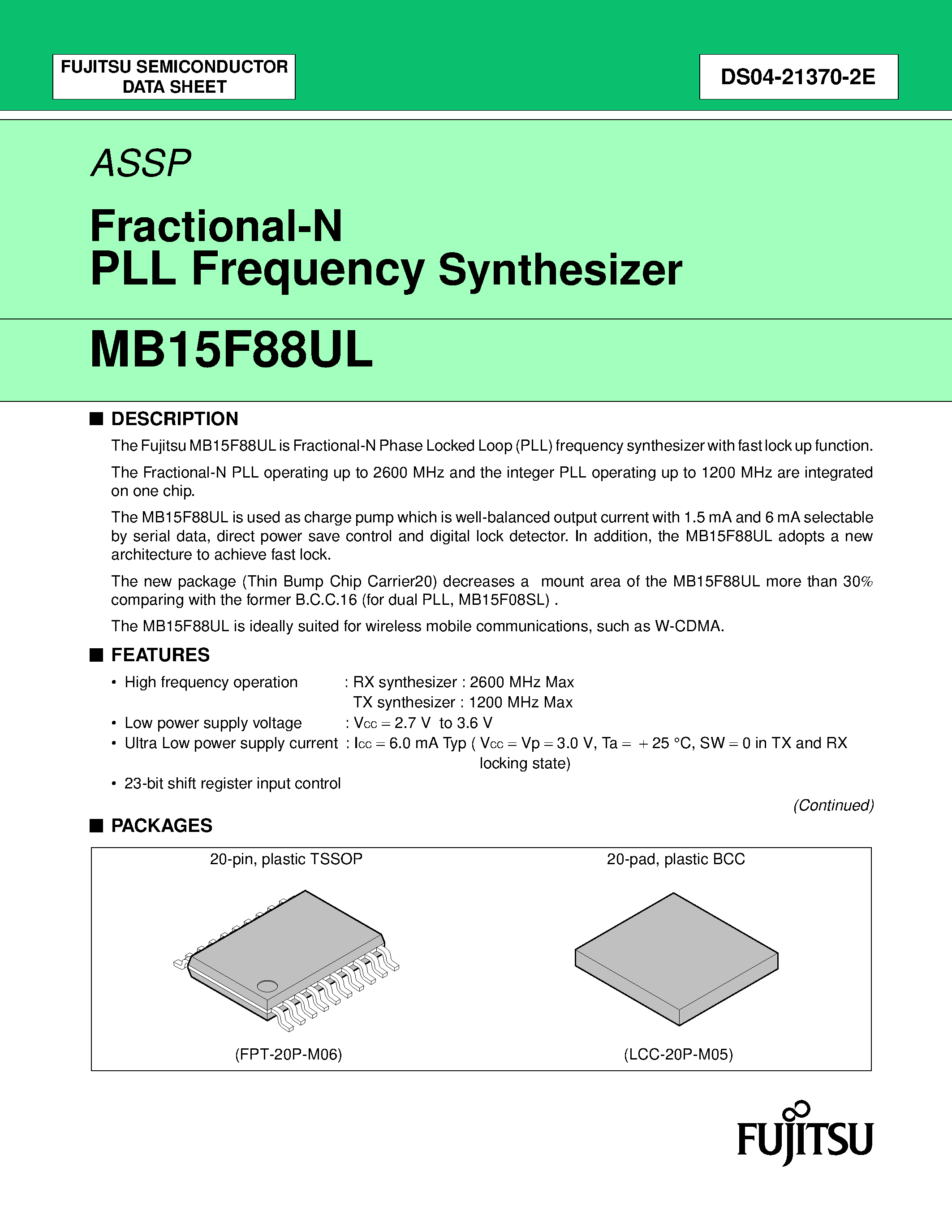 Datasheet MB15F88UL - FRACTIONAL-N PLL FREQUENCY SYNTHESIZER page 1