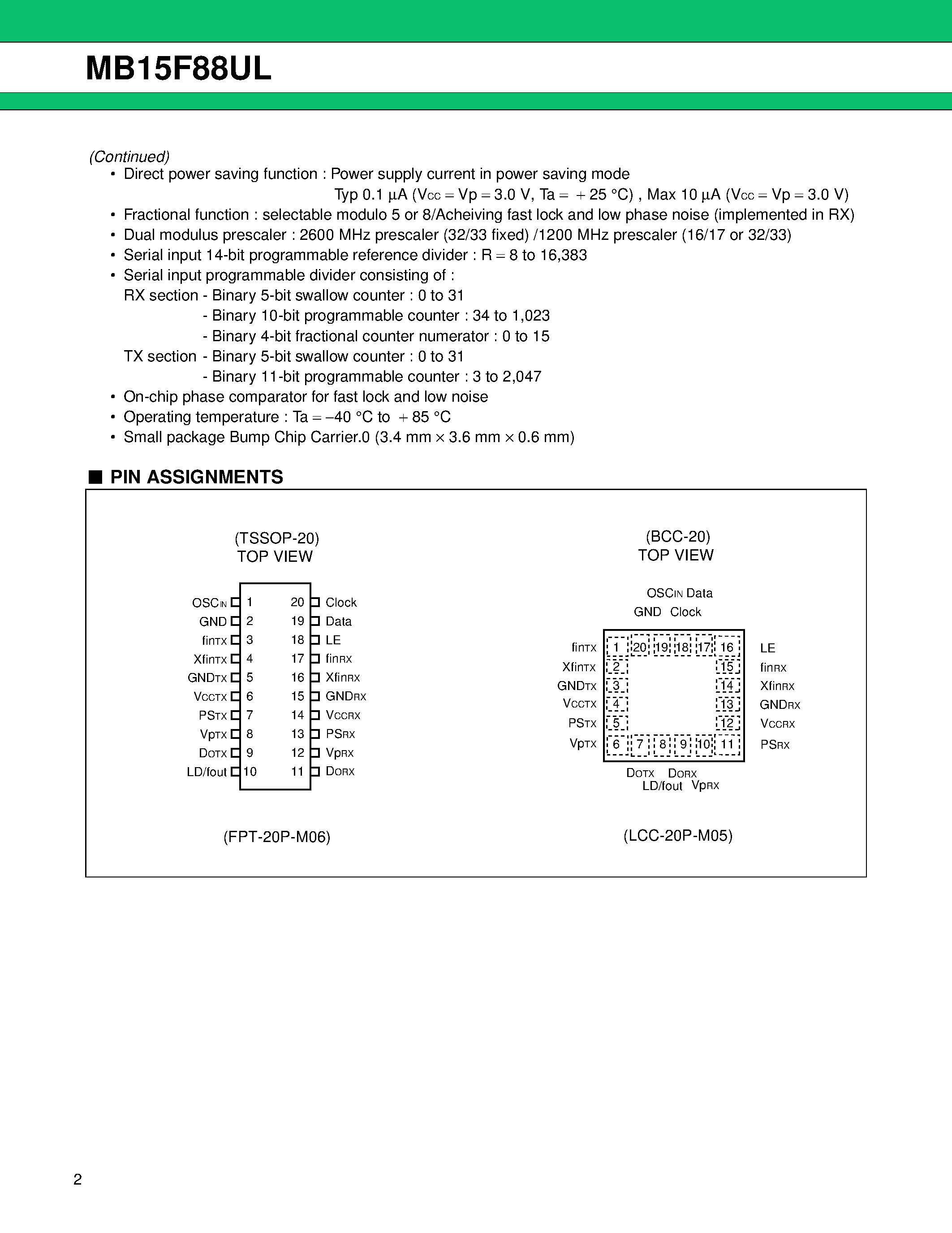 Datasheet MB15F88UL - FRACTIONAL-N PLL FREQUENCY SYNTHESIZER page 2