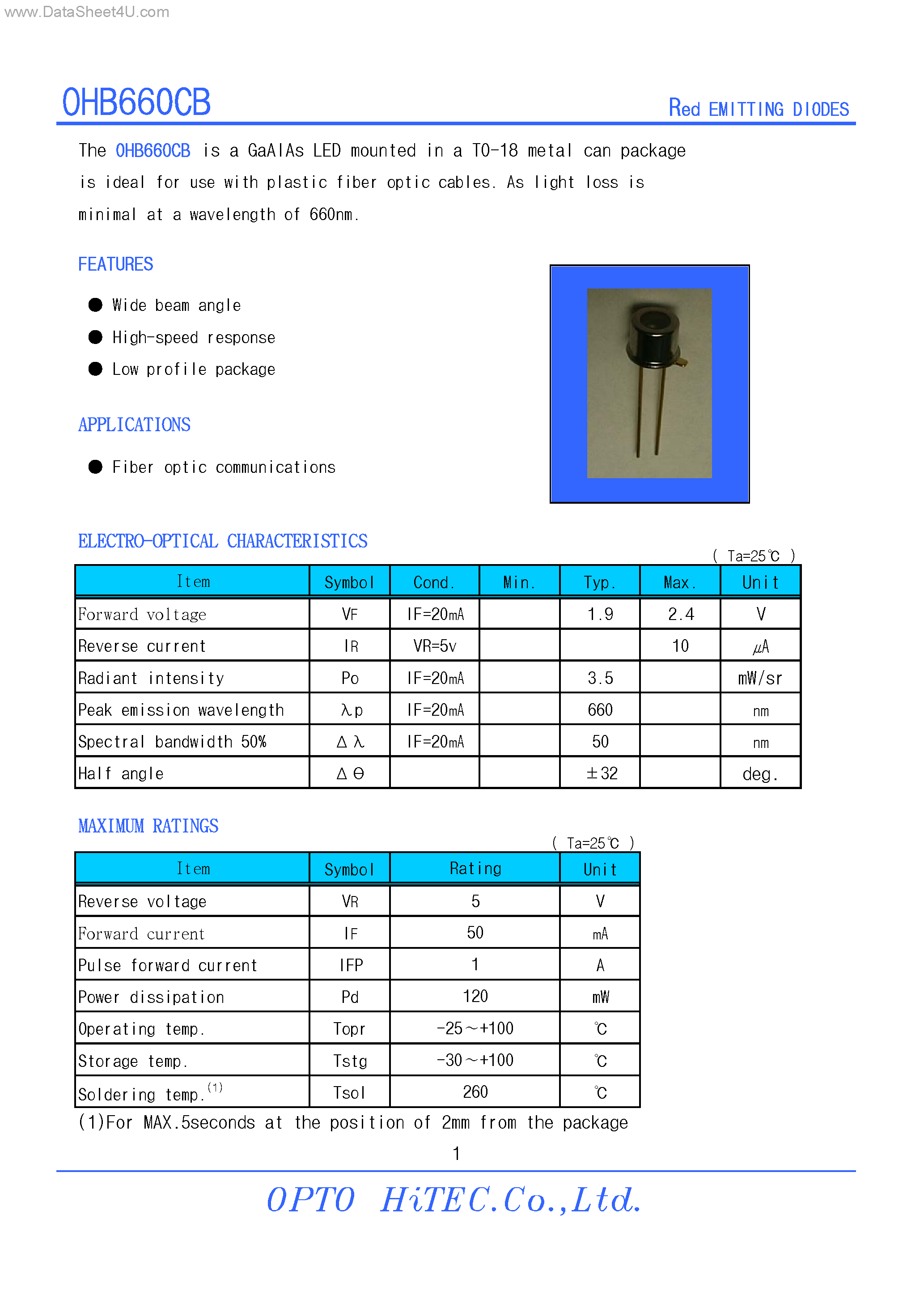 Даташит на микросхему OHB660CB страница 1 Даташит OHB660CB - Red EMITTING DIODES страница 1