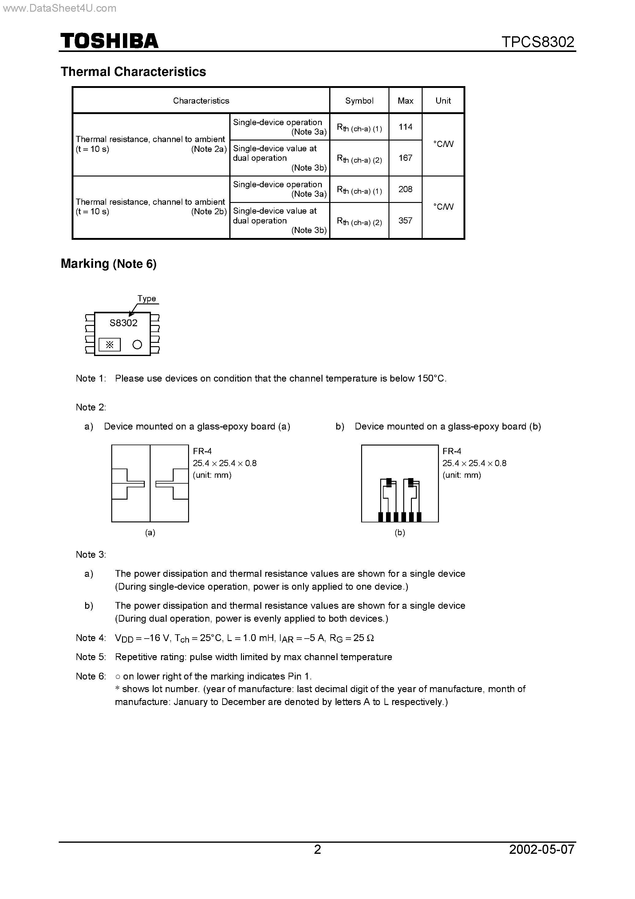 Datasheet TPCS8302 page 2 Datasheet TPCS8302 - Lithium lon Battery Applications Notebook PC Applications Portable Machines and Tools page 2